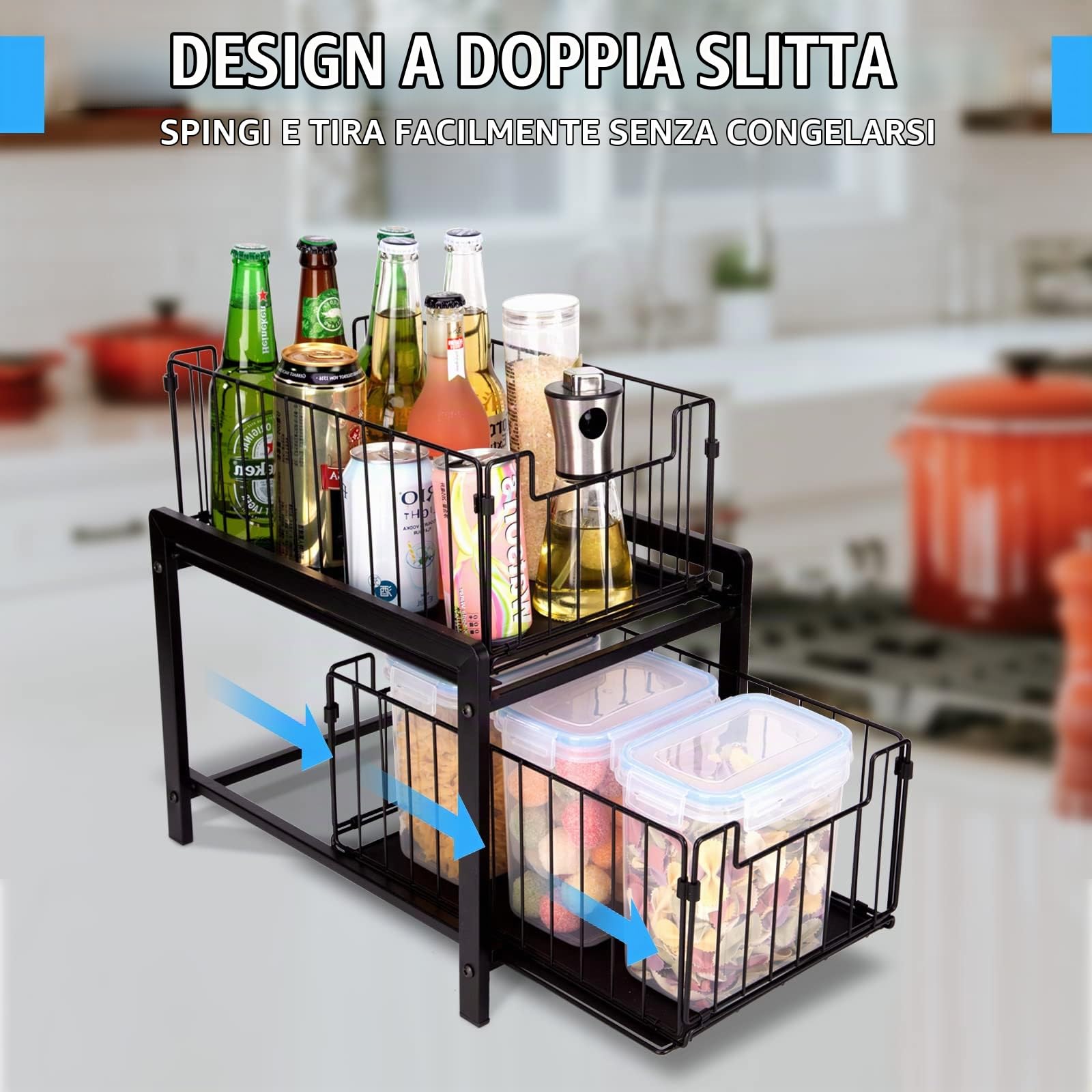 Organizer Sottolavello Cucina con 2 Cestelli Estraibili, Porta Detersivi Salvaspazio Organizzatore Sottolavello Cucina Organizer Cucina Dispensa