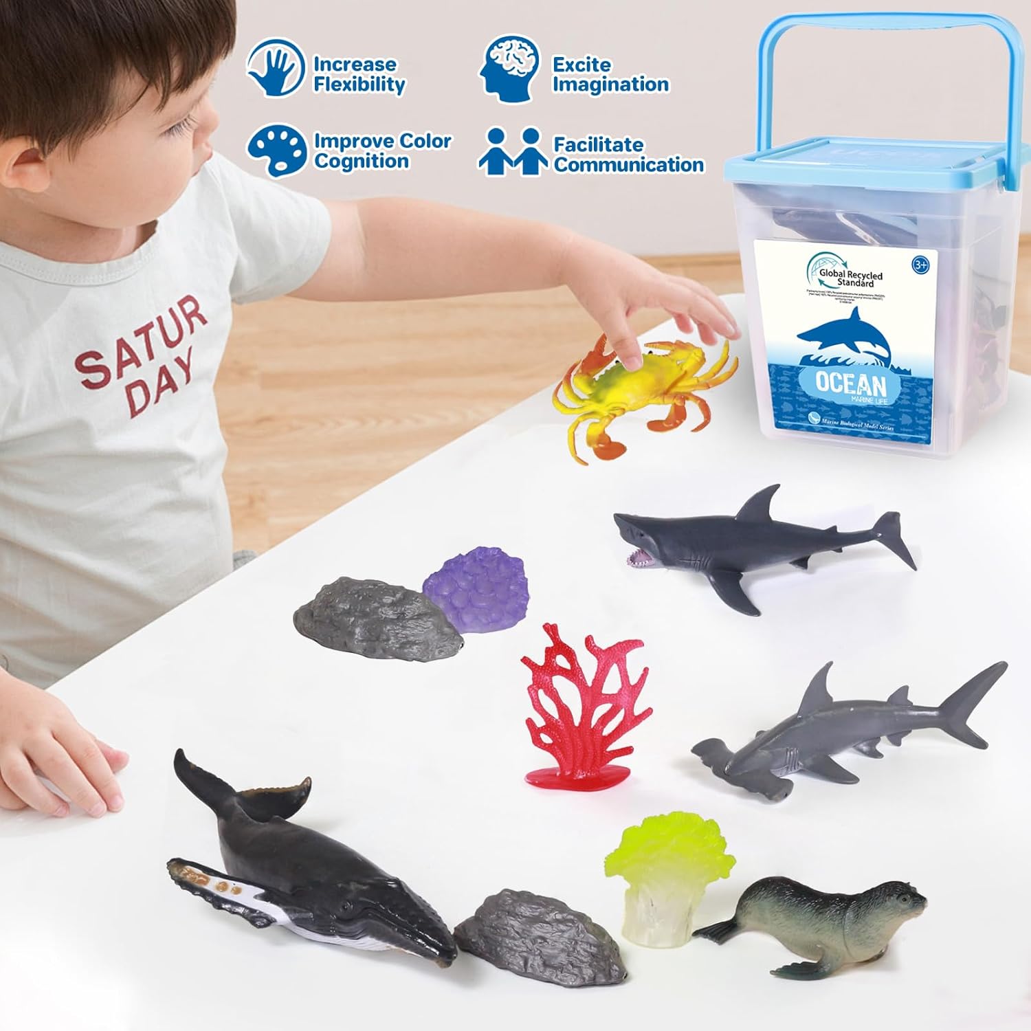 Ocean Sea Animal Figure Toys for Kids 3-5, Realistic Sea Life Figures Animal Creature Sand Toys Beach Bath Playset Include Shark Whale Corals Seagrass Crab Octopus Turtle for Toddler Boys & Girls