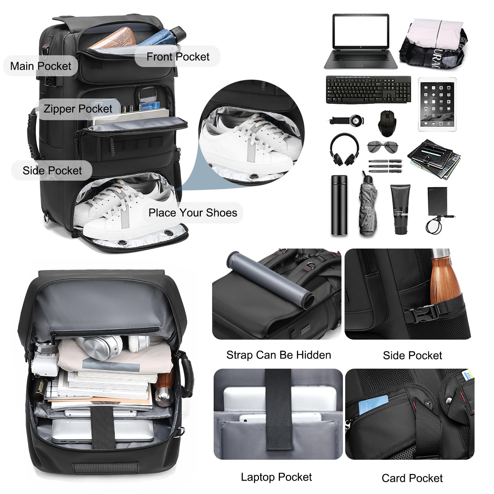 FANDARE Antifurto Zaino PC Portatili Uomo Rolltop Zainetto con scomparto per scarpe Militare Donna Zaini da Escursionismo Zaino con USB Borsa a mano Zaino viaggio Lavoro Borsa a tracolla