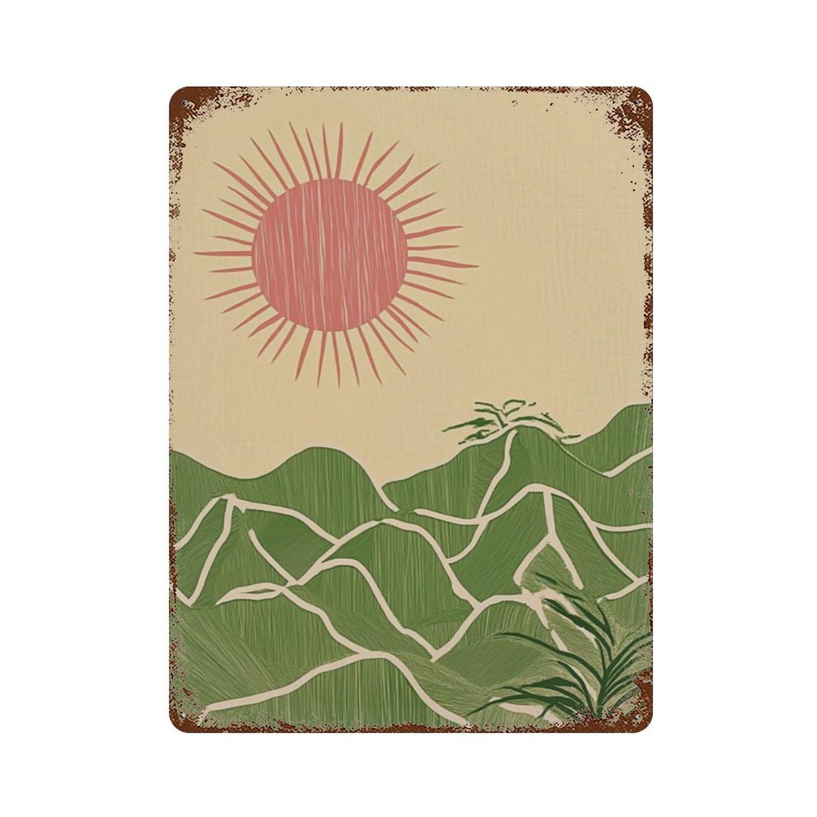 xiaoxiaoshen Minimal Mountain Asian Landscape Sun Over Hills Nature Wall Decor Art Metal Tin Poster Modern Home Decor Art Home Bar Shop Decorations Vintage Sign 40x30cm