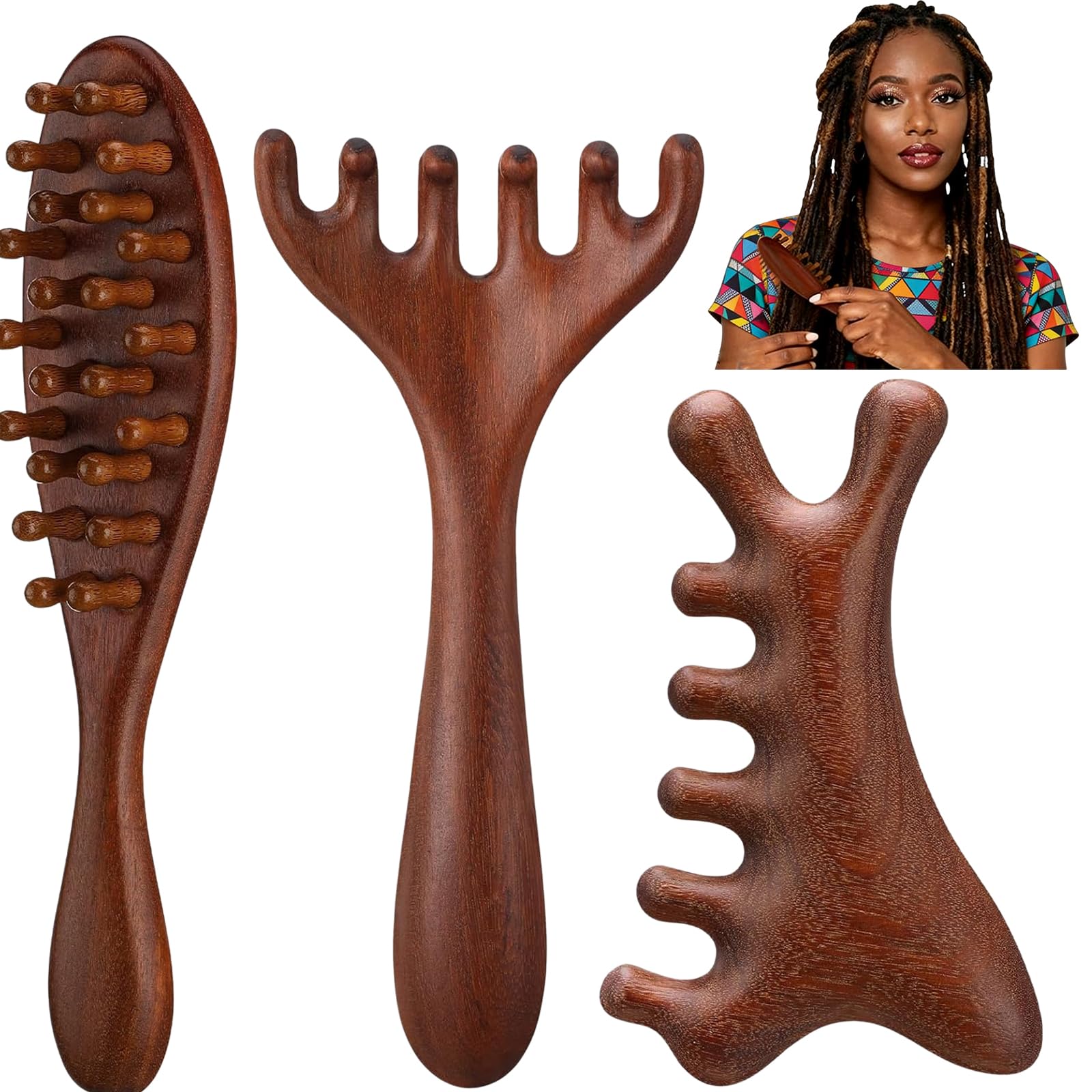 Masajeador de Cuero Cabelludo de Madera, 3 Piezas Masajeador de Cabeza y Cuero Cabelludo, Cepillo de Masaje de Madera para Cabello y Cabeza, Masajeador de Cabeza Multifuncional para