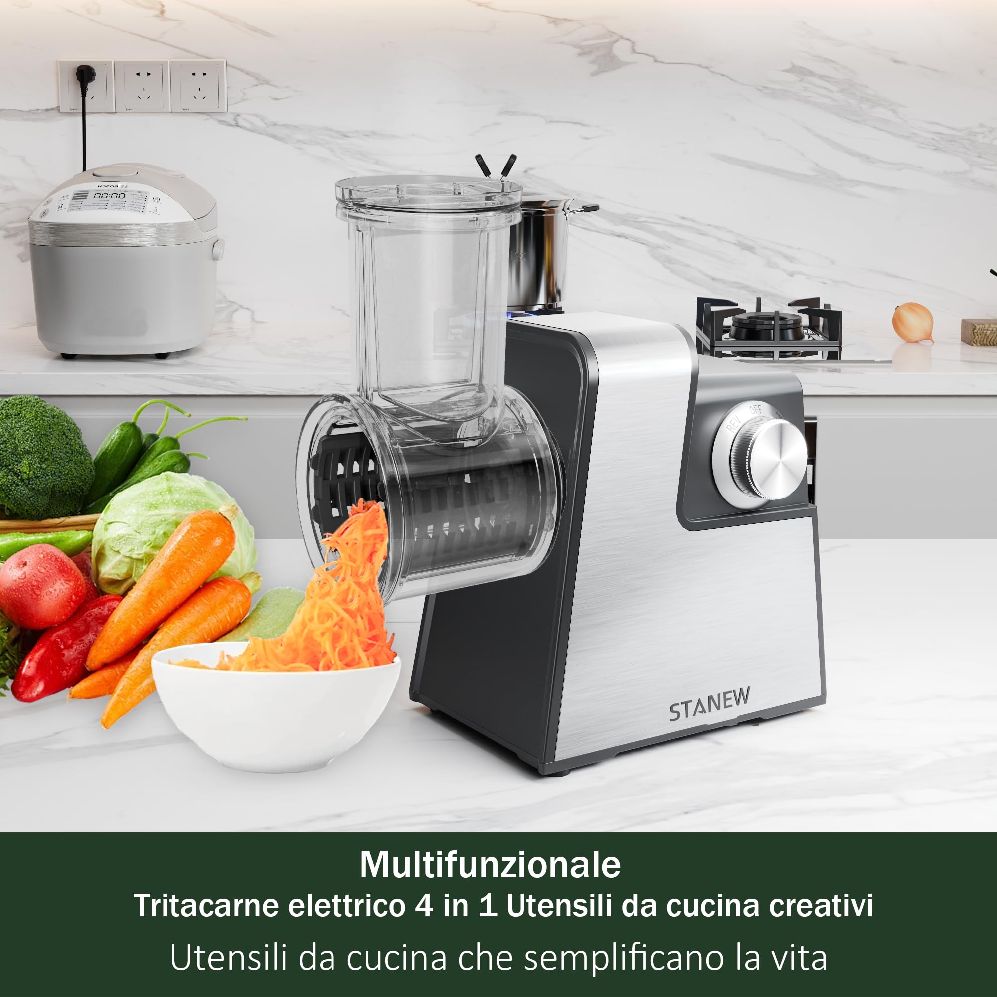 Tritacarne Elettrico STANEW 2500W - Robot da Cucina con 5 Lame Professionali (Taglio Onda/Grattugia) + Accessori Salsiccia/Biscotti, Design Compatto per Carne, Verdure e Formaggio