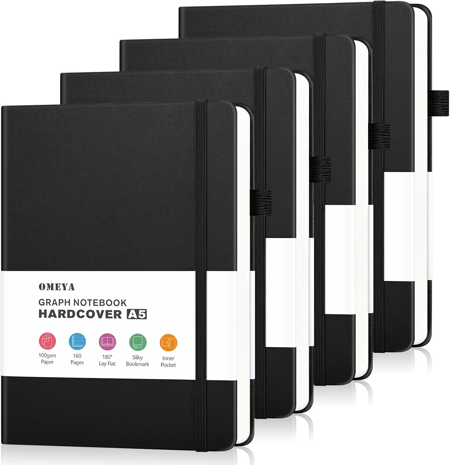 Graph Paper Notebook 8 Pack, 160 Pages, A5 Medium Size (5.7" x 8.3"), 100gsm Thick Grid Paper, Hardcover Leather Grid Notebook Journal for Writing, Graph Notebook for Work, School, Math, Engineering