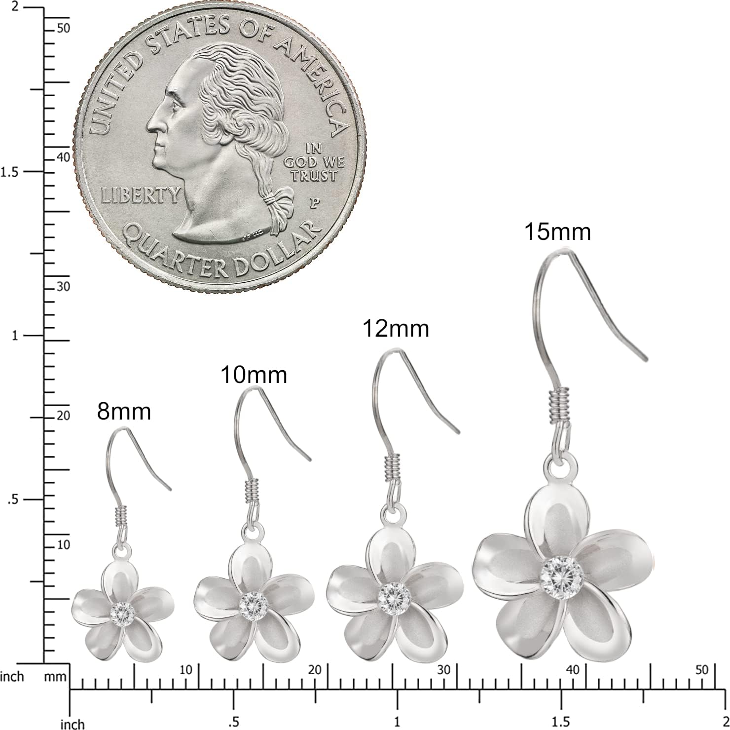 925 Sterling Silver 14K Gold Plated Hawaiian Plumeria Flower Drop Dangle Hook Earrings with Cubic Zirconia, 8mm 10mm 12mm 15mm Nickel Free Hypoallergenic for Sensitive Skin, Gift Box Included