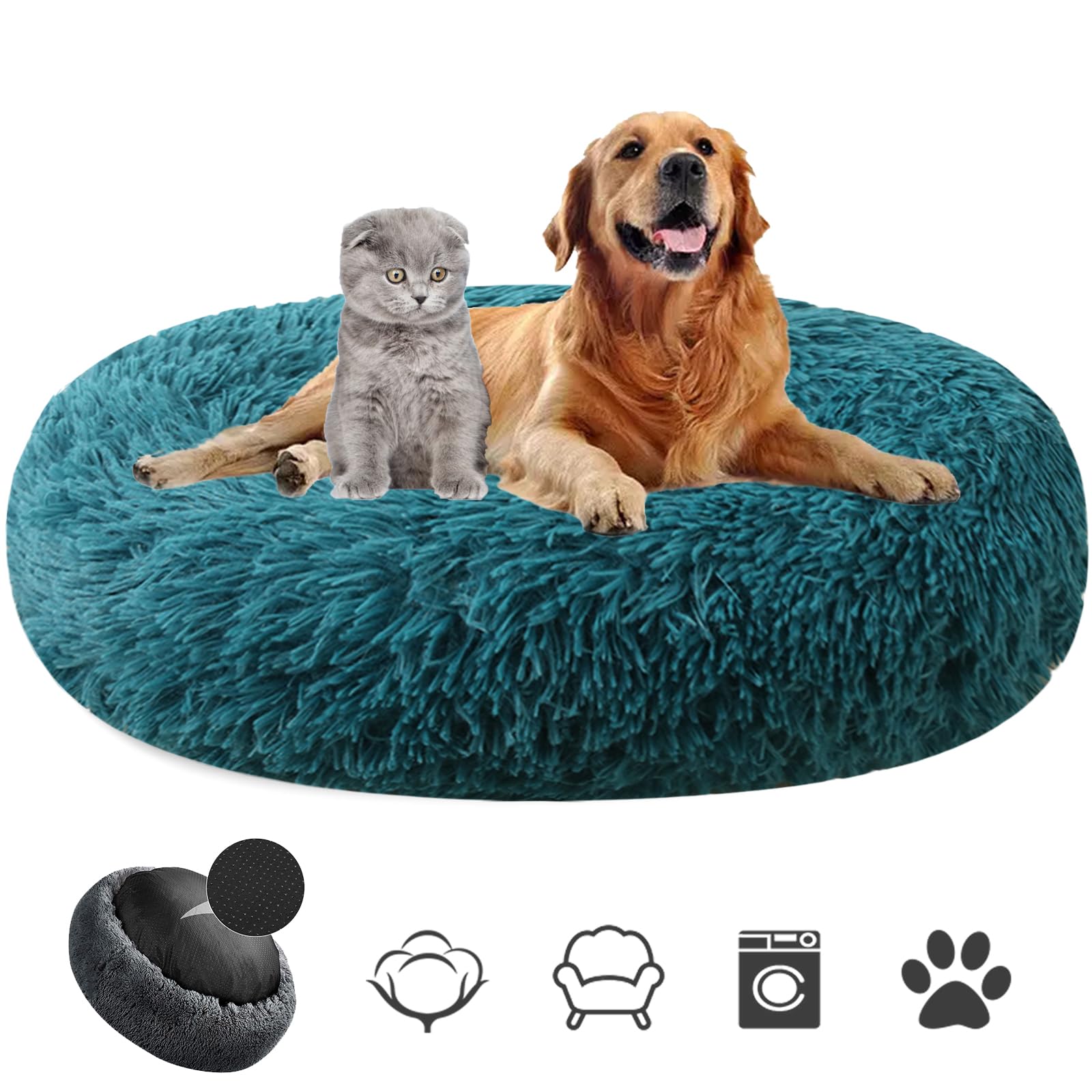 MAIFENGL Calming Dog Bed Plush Donut Pet Bed, Fluffy Washable Non-Slip Plush Cuddler Warming Round Dog Cat Bed- Cyan|| Ø120cm/47in