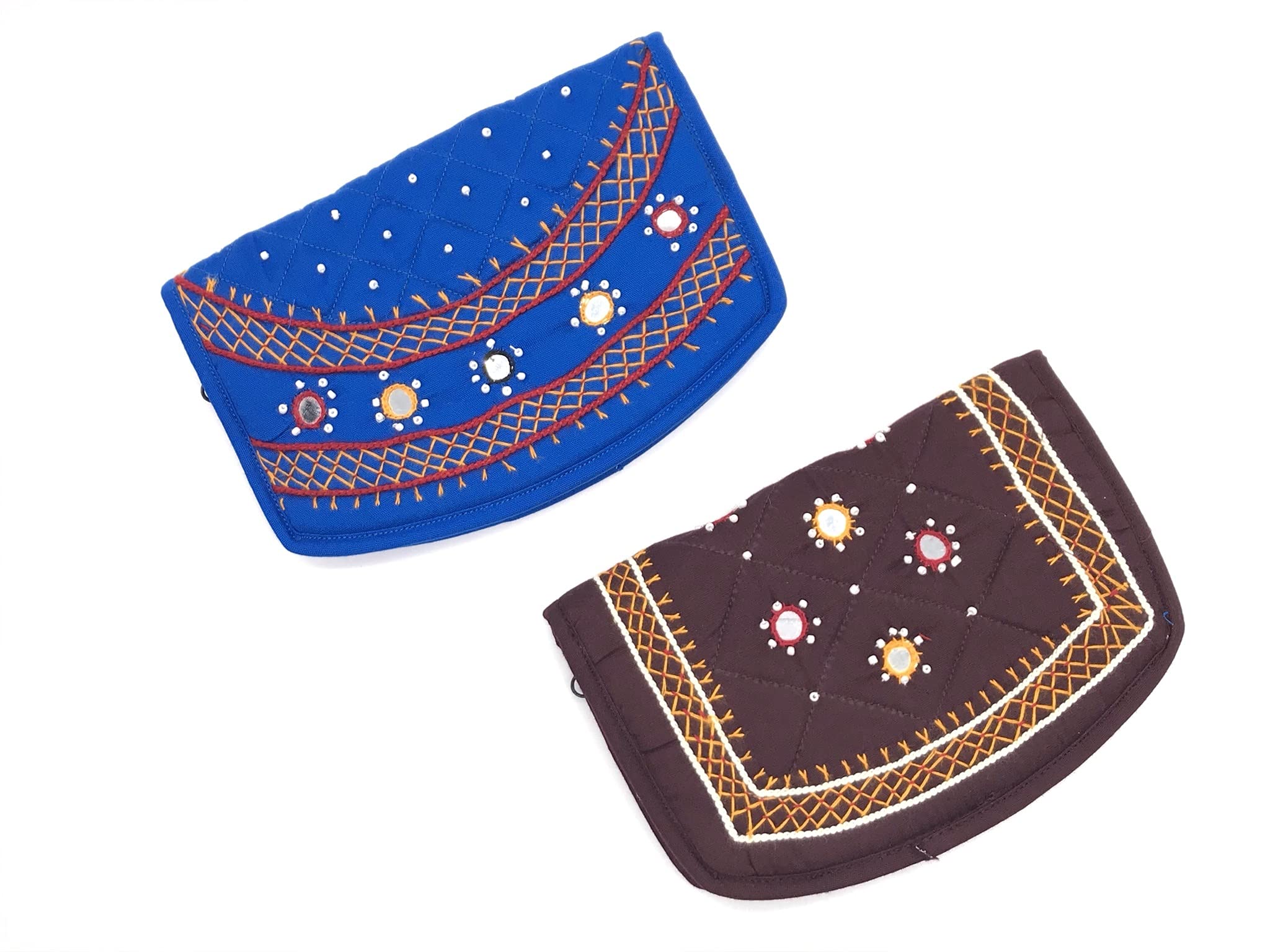 srishopify handicraftsWomens Hand Purse Combo Pack Banjara Traditional Hand Poches Cotton Clutch Purse for Girls Wallet (6.5 Inch Blue Brown Purse Mirror, Beads Thread Work Handcraft)