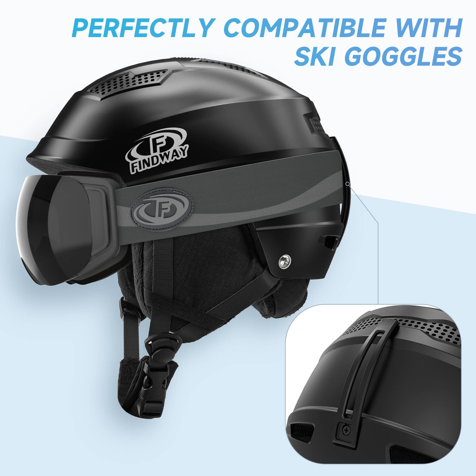 Findway - Casco da sci unisex, da donna e uomo, per adulti, bambini, con aperture di ventilazione regolabili, compatibile con occhiali da sci per chi indossa gli occhiali, casco da snowboard, S/M/L