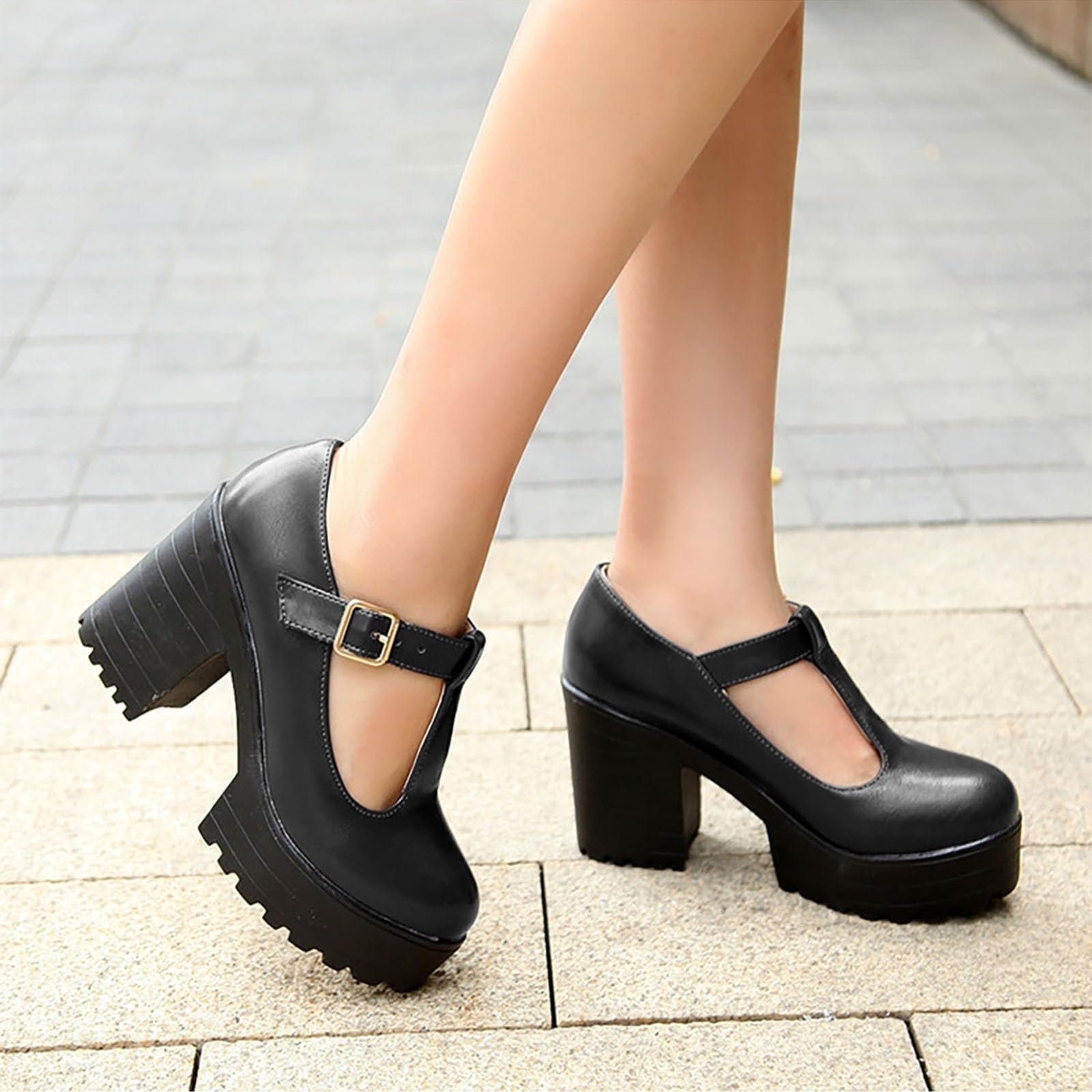 Scarpe da donna eleganti con plateau, in pelle, stile Mary Jane, comode