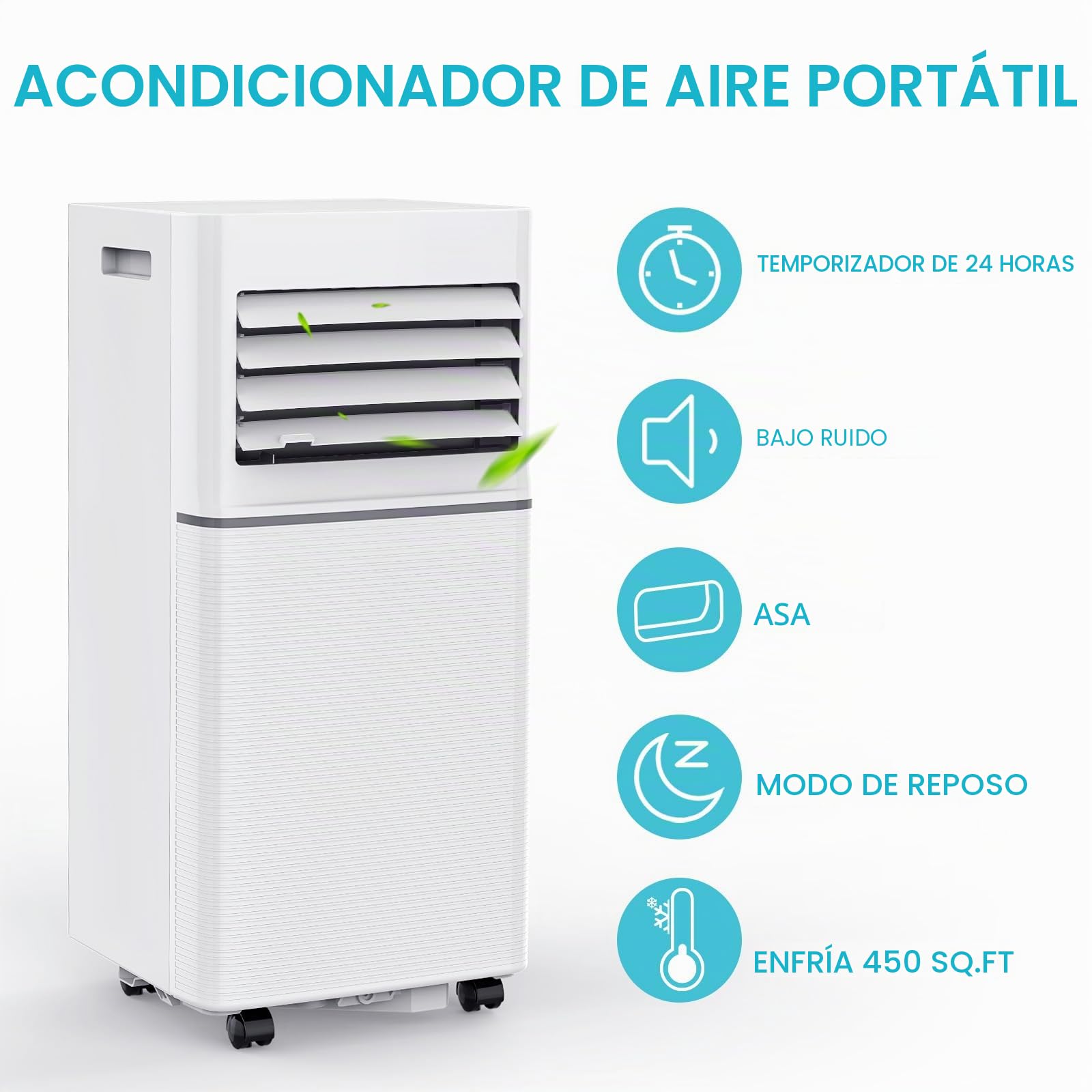 Electactic Climatizador portátil 10000 BTU silencioso para dormitorio, oficina y espacios pequeños, refrigeración 3 en 1, deshumidificador y ventilador, evaporación automática, 2 velocidades