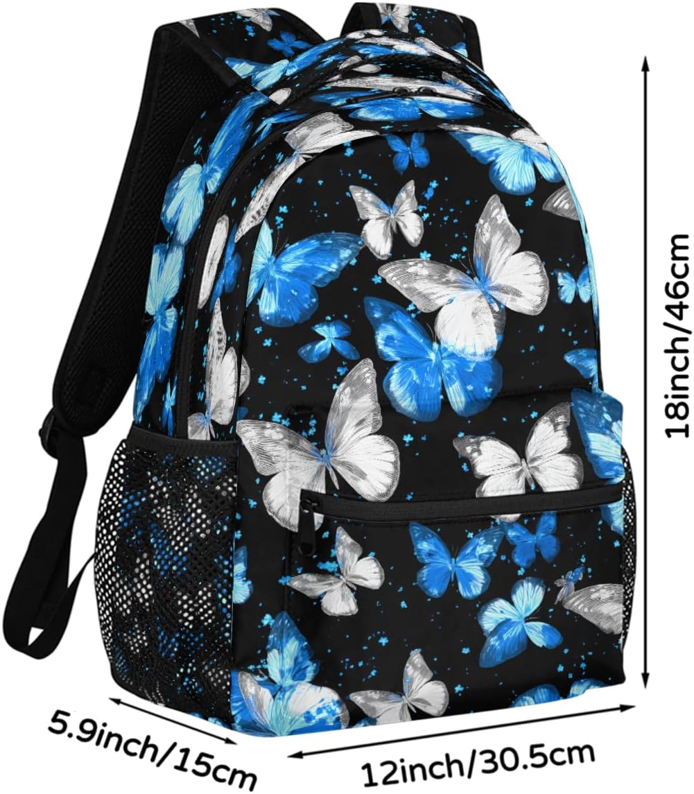 Vintage White Blue Butterflies Backpack for Boys Girls Kids, Laptop Backpack Water Resistant School Bookbag Computer Bag Travel Hiking Camping Rucksack Daypack Shoulder Bag for Teenager 16 Inch