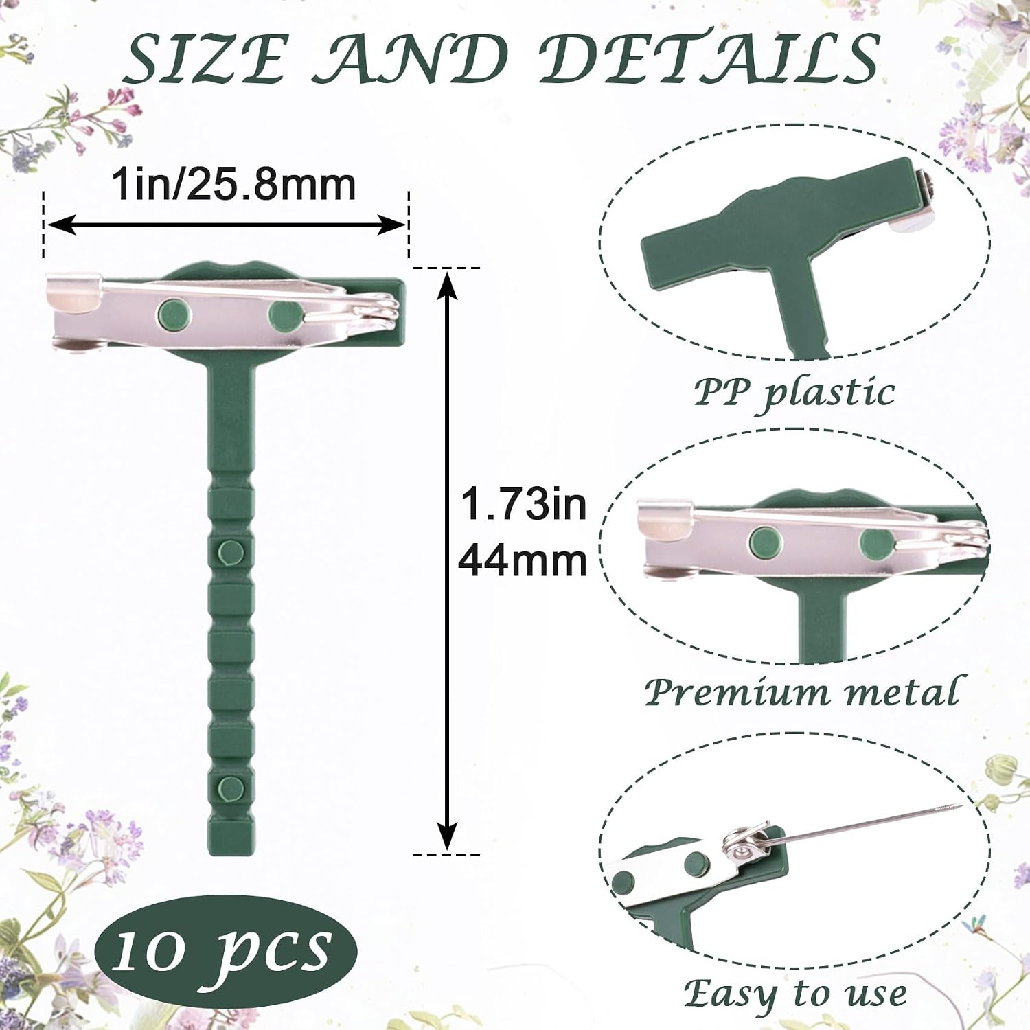 10pcs Boutonniere Safety Pins, T-Shaped Plastic Corsage Pins Safety Clips for Bride Groom, Tiny Boutonniere Brooch Supplies for Wedding Festivals Birthday Parties- Green image 2
