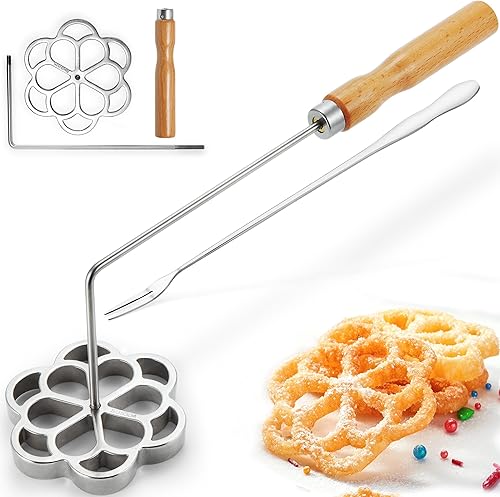 Bunuelos Mold with Handle, 304 Stainless steel Rosette Maker with Long Fork- 4" Molde Para Buñuelos de Viento Moldes Mexicanos, Rosette Mold Tools Set for Kitchen Cooking