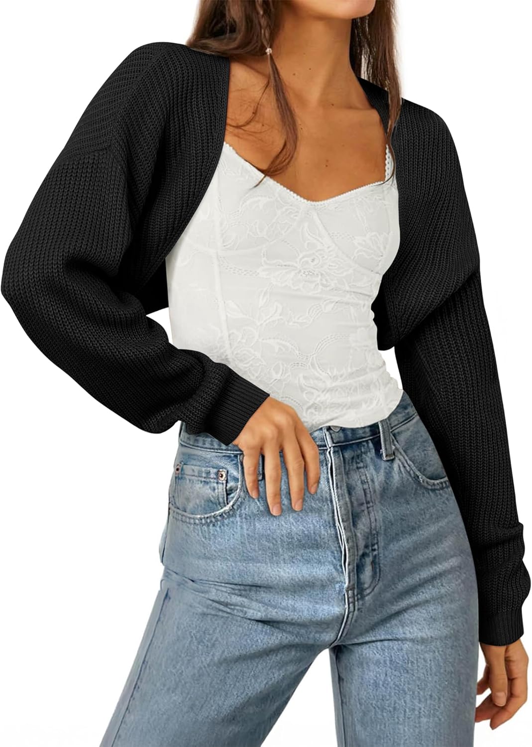 AGSEEM Women's Bolero Shrug Sweater Long Sleeve Knit Open Front Cropped Cardigans Casual Loose Ribbed Knitwear Y2K Tops 2026