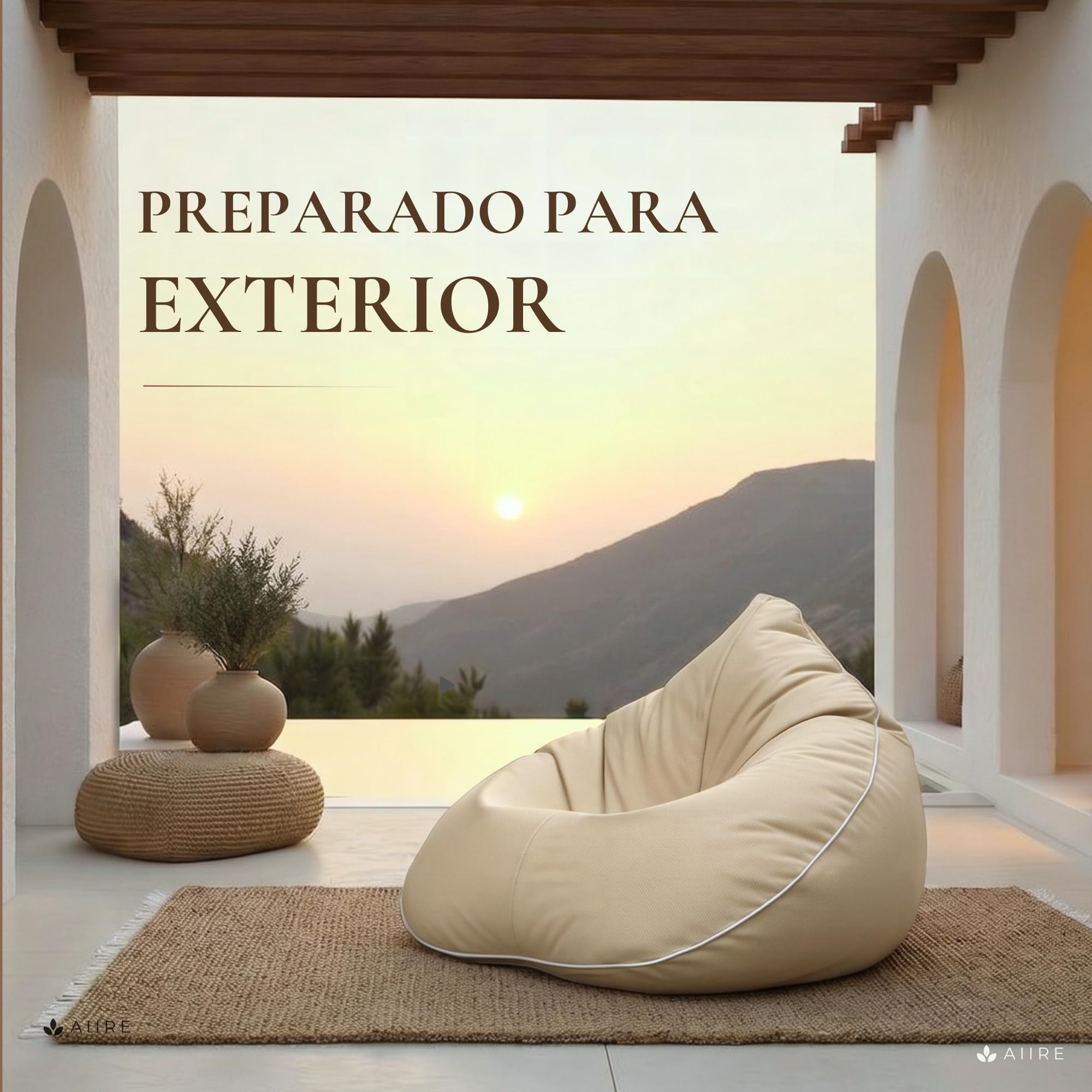 Aiire Puff Exterior Jardín en Olefina - Sofa Puf con Relleno Incluido XXL de Diseño para Terraza, Jardín o Piscina - Bean Bag Chair Salon o Decoracion Habitacion Juvenil Beige [100x100x90]