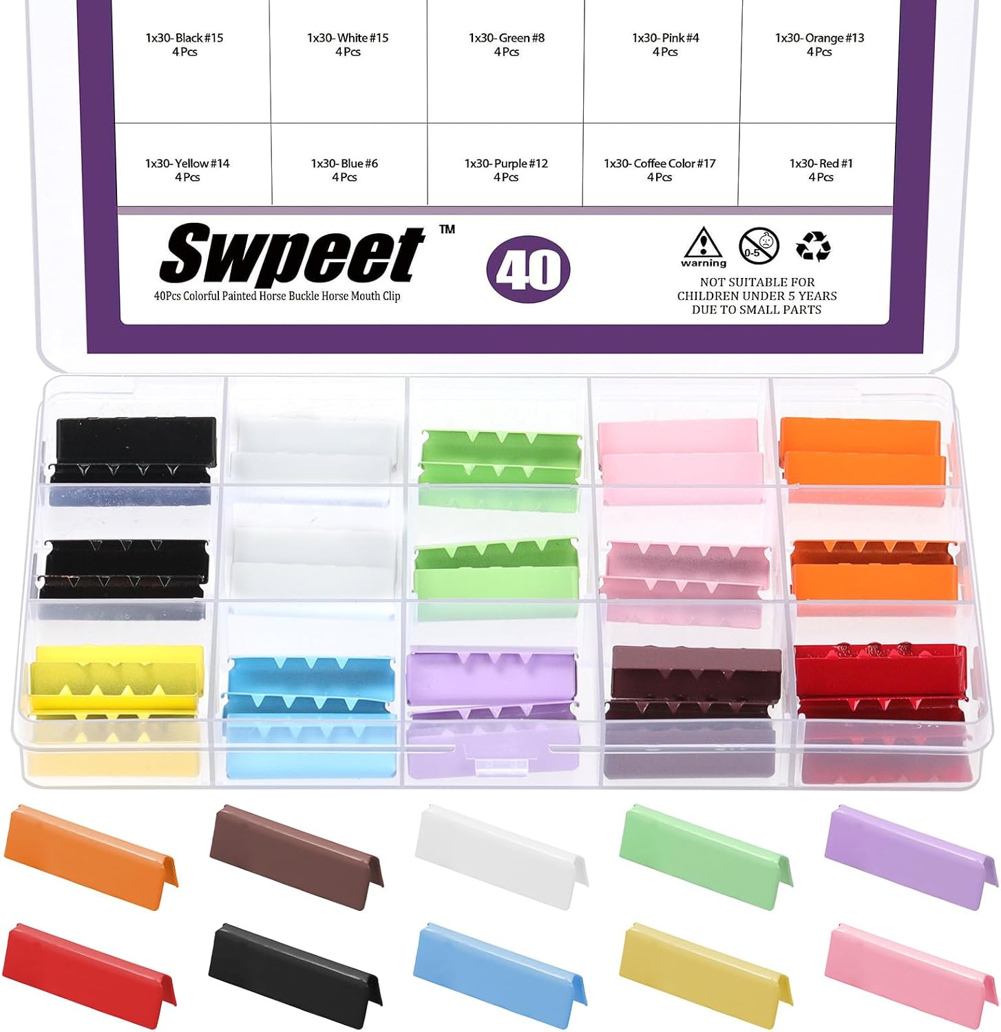 Swpeet 40Pcs 10 Colors 30mm/ 1.18 inch Ribbon Crimp Clamp Assortment Kit, Pinch Crimp Clamp Cord Ends, Ribbon Ends Clamps, Ribbons Cord Crimps End, Belt Buckle End Tip for DIY Jewelry Making