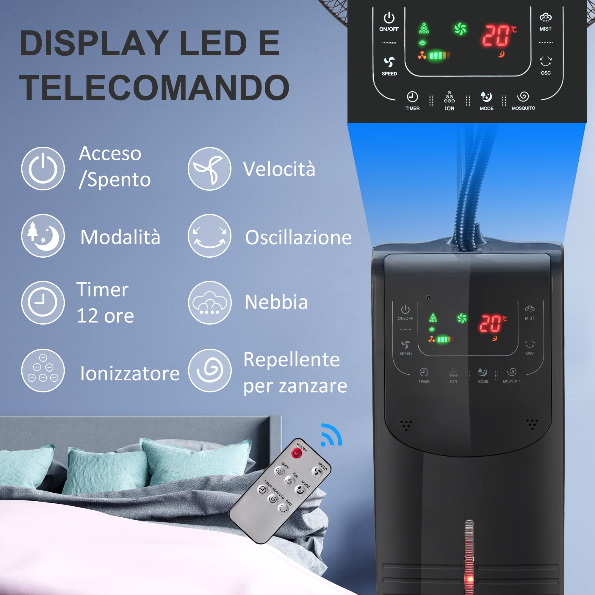 HOMCOM Ventilatore Nebulizzatore con Telecomando da 5m, Timer 12h e Oscillazione 70°, 3 Velocità, 3 Funzioni e Antizanzare, Tanica 3.1L, 90W, Ф44.5x135cm Nero