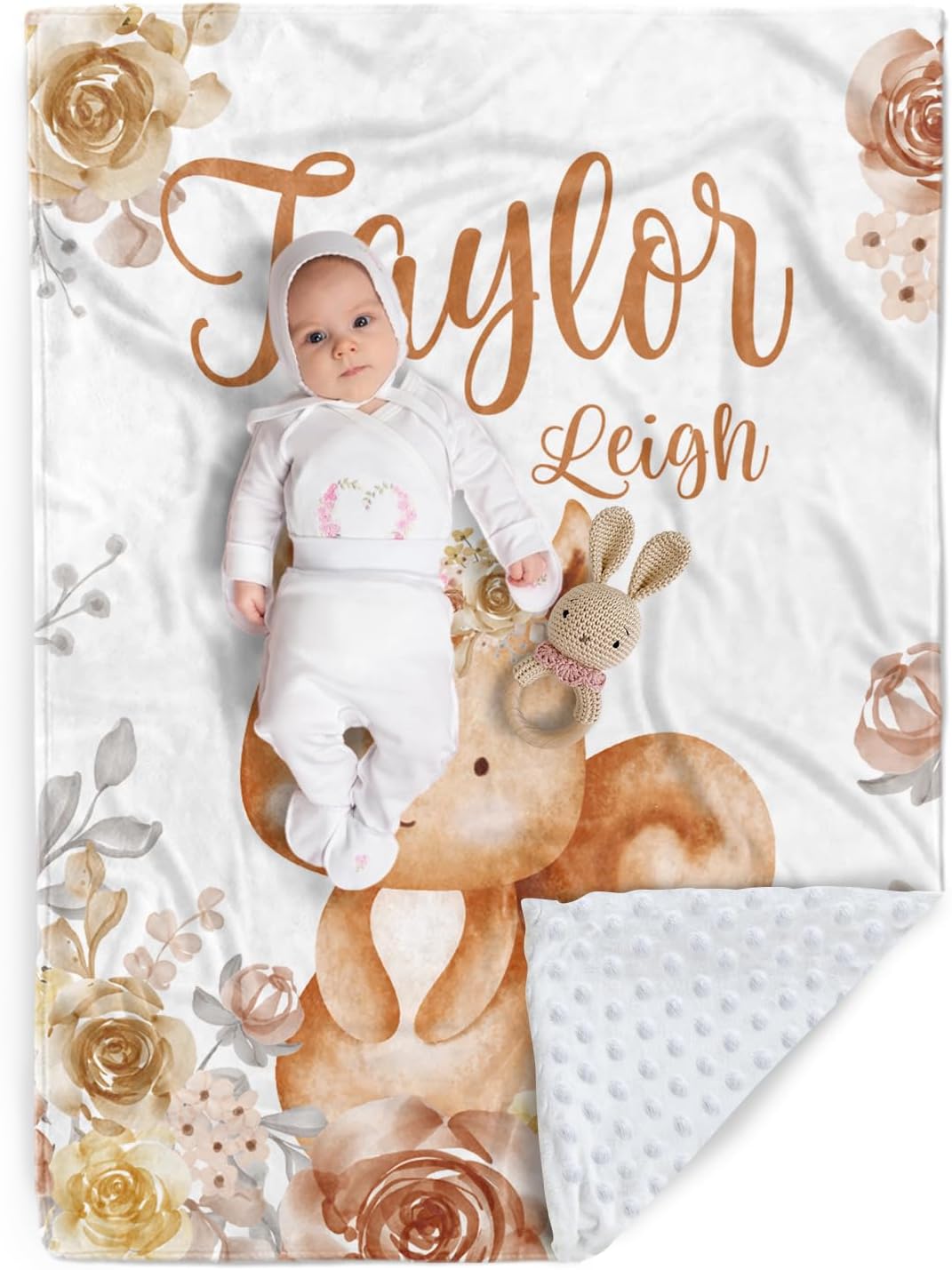 Personalized Baby Blanket - Nursery Bed Blanket for Boy Girl Toddler, Custom Name Infant Bedroom Nursery Decor, Orange Squirrel(30”x40)