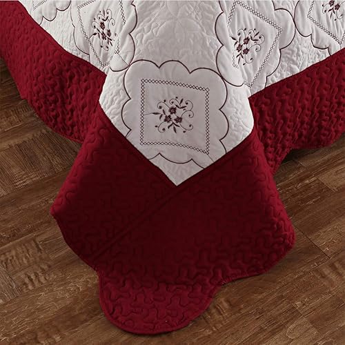 Miniatura 7 de Colcha bordada de 3 piezas tamaño Queen colcha floral suave y transpirable funda de cama blanca burdeos ropa de cama bordada de Navidad decoración