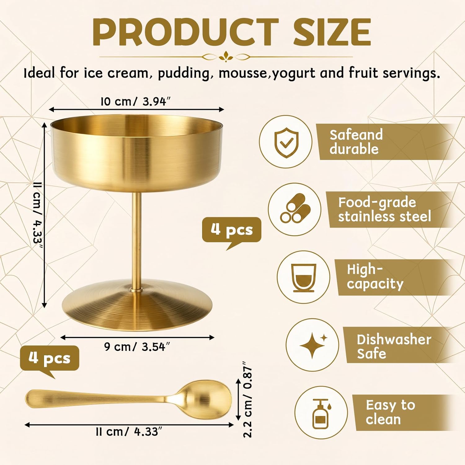4 Sets Gold 304 Stainless Steel Ice Cream Sundae Bowls with Long Handle Spoons, Versatile 7 oz Dessert Cup Footed Sundae Bowl for Salad Dessert Nut Pudding, Snack Bowl for Birthday Party Wedding