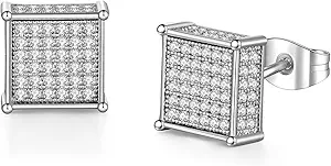 Silver Square Stud Earrings for Men with Full Cubic Zirconia Hypoallergenic Earrings Studs for Sensitive Ears Trendy Mens Hiphop Stud Jewelry