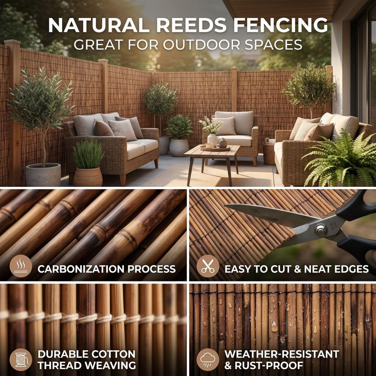Arellas Bamboo da Recinzione Esterno con Fascette Stuoia in Canna Cannette Naturale 120/130/150/180 cm Canniccio Ombreggiante Privacy per Giardino Terrazzo Balcone Piscina Gazebo(Marrone,H150xL200cm)