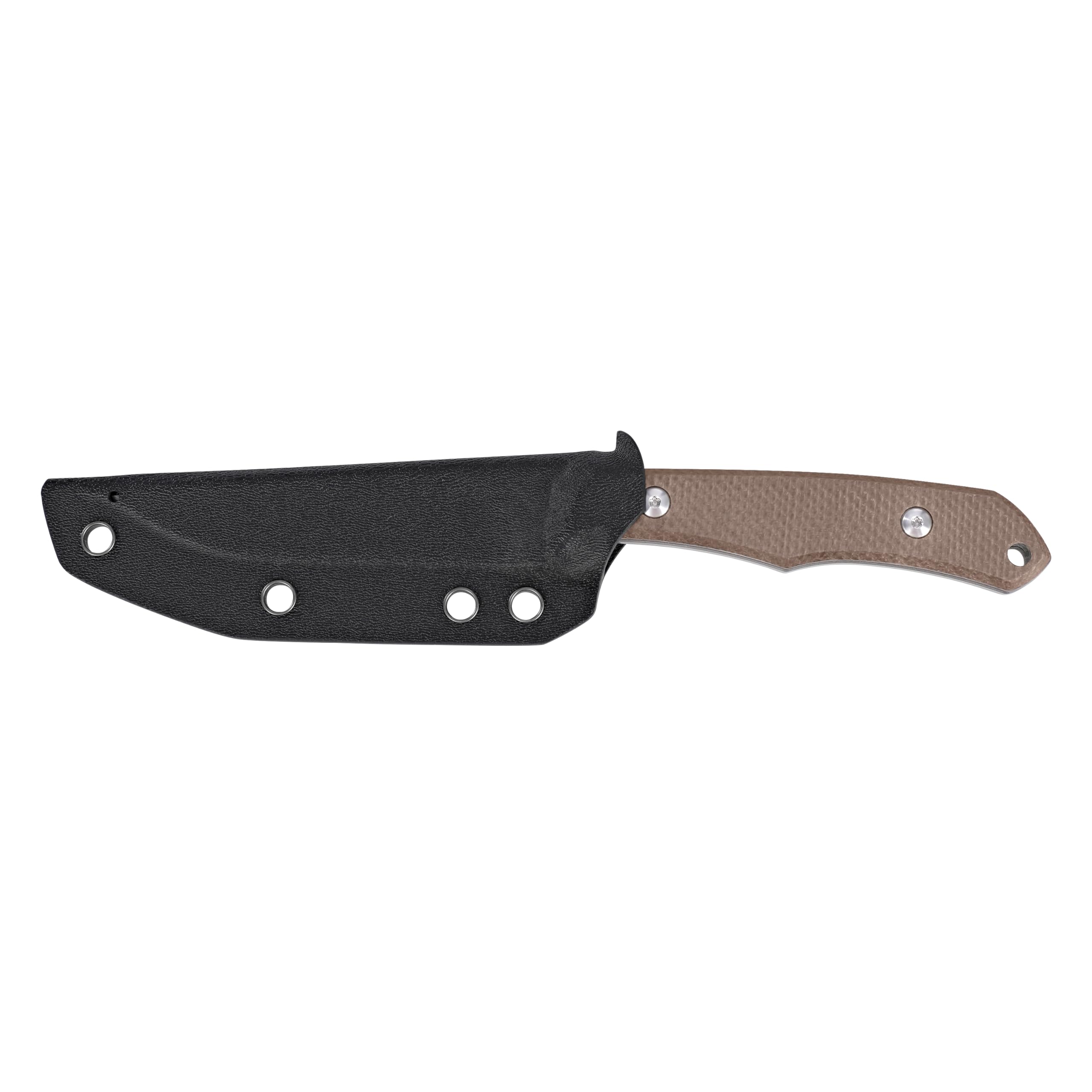 Coltello da caccia a lama fissa leggero con lama a punta cadente stonewashed, impugnatura in tela naturale Micarta, fodero in Kydex, clip da cintura