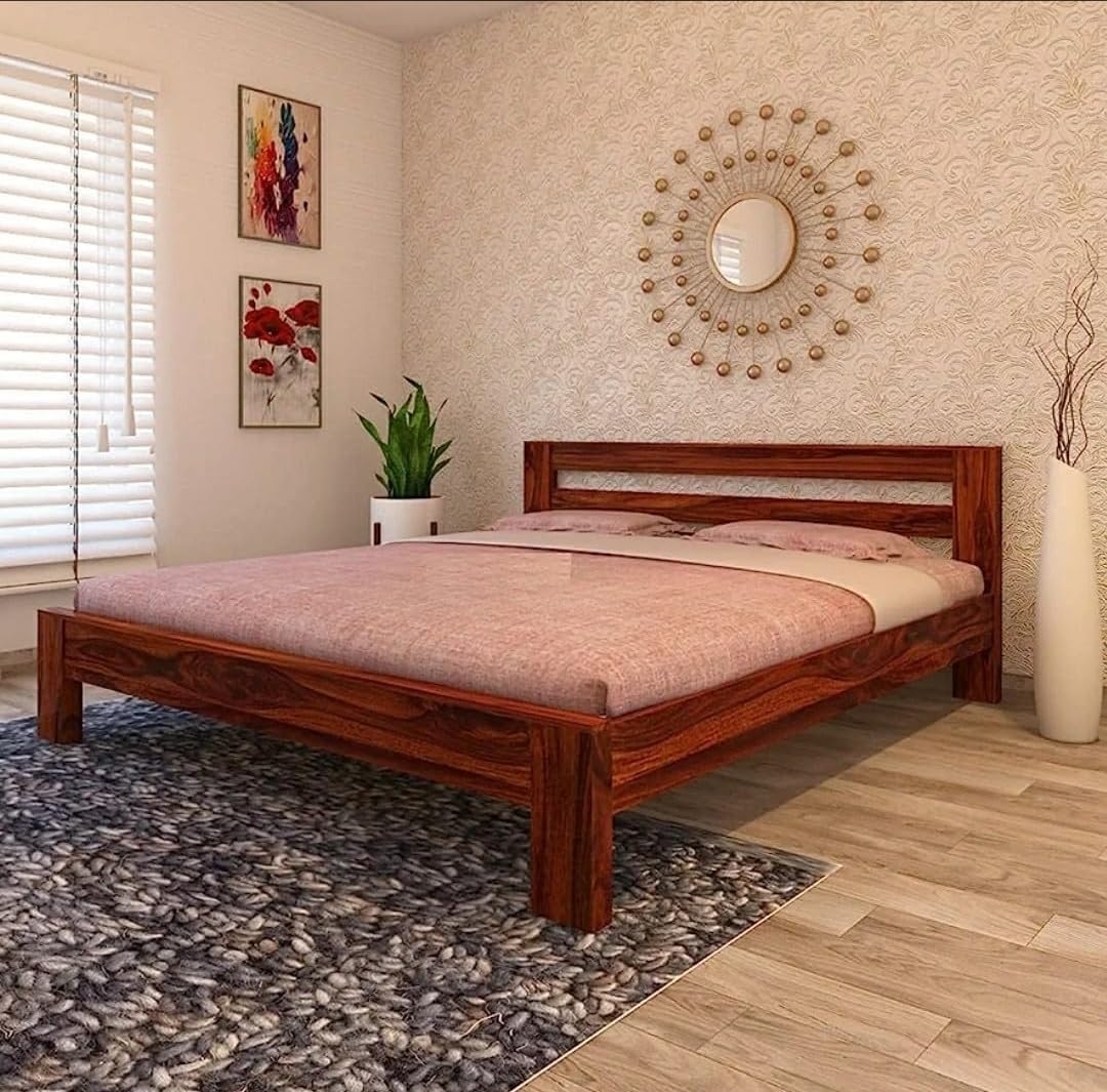 Sheesham Wood Platform Bed Frame, Double Horizontal Slat Headboard, 300 kg Weight Capacity, Natural Brown (72X72 Mattress Compitable Bed)-image-2