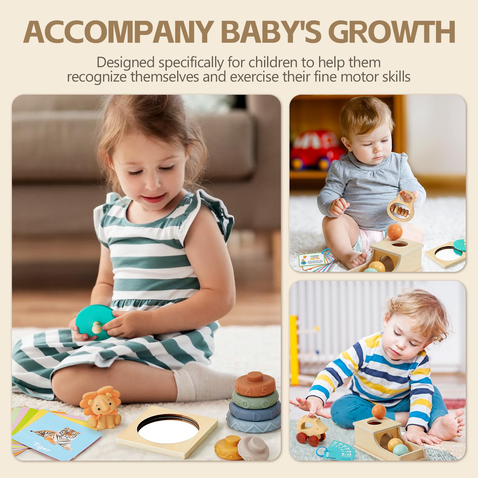 Atoylink Giochi Neonato 6 9 12 Mesi Giochi Legno Montessori con Object Permanence Box & Cubi Impilabili Bambini & Sonaglio Neonato & Flashcards, Giocattoli Giochi Sensoriali per Neonati