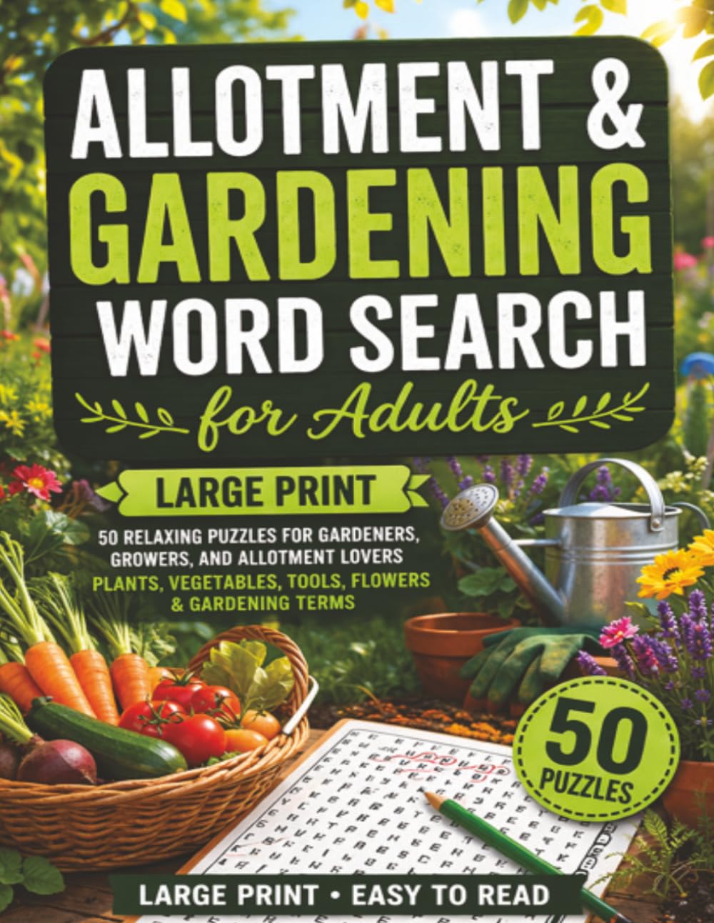 Allotment & Gardening Word Search for Adults – Large Print Puzzle Book: 50 Relaxing Puzzles for Gardeners, Growers, and Allotment Lovers | Plants, Vegetables, Tools, Flowers & Gardening Terms