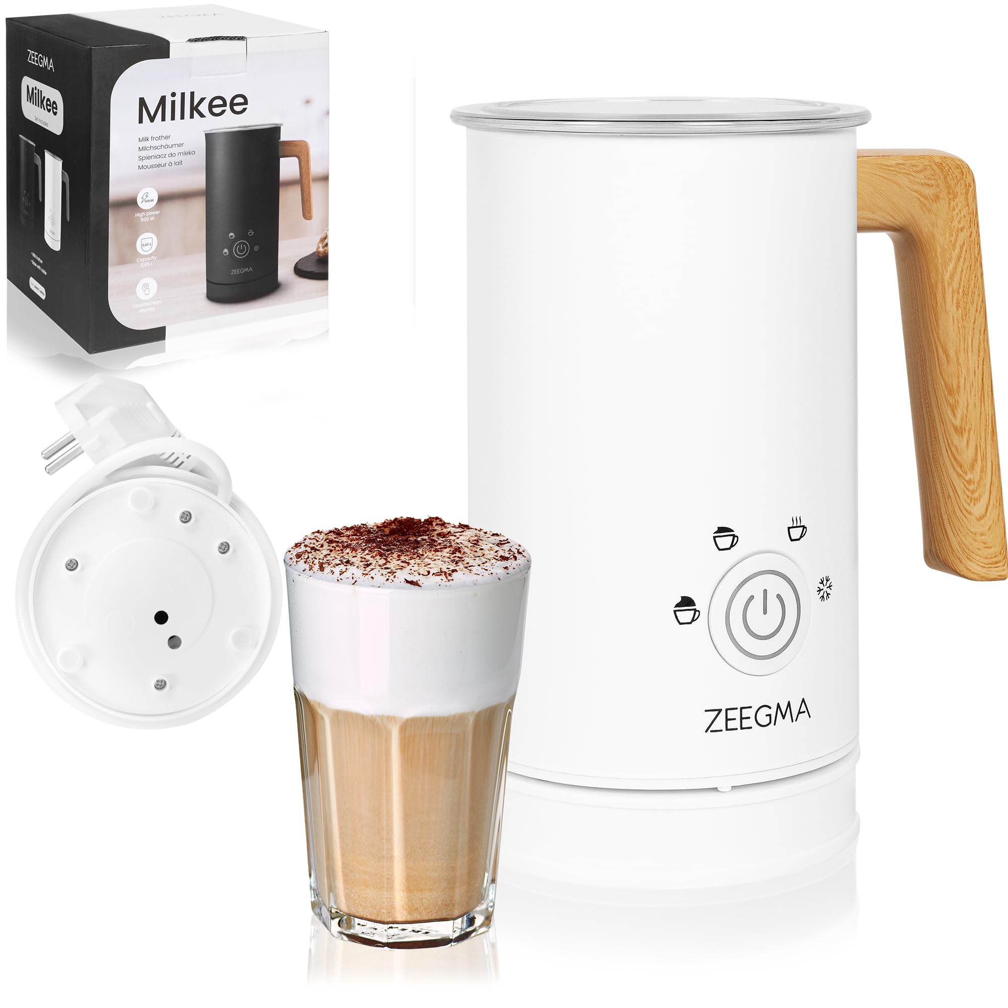 Zeegma Milkee - Espumador de Leche Eléctrico Milkee 650ml, Potencia de 500W, 4 Modos para Espumar y Calentar, Diseño Moderno con Mango de Madera, Fácil de Limpiar, Revestimiento Antiadherente - Blanco