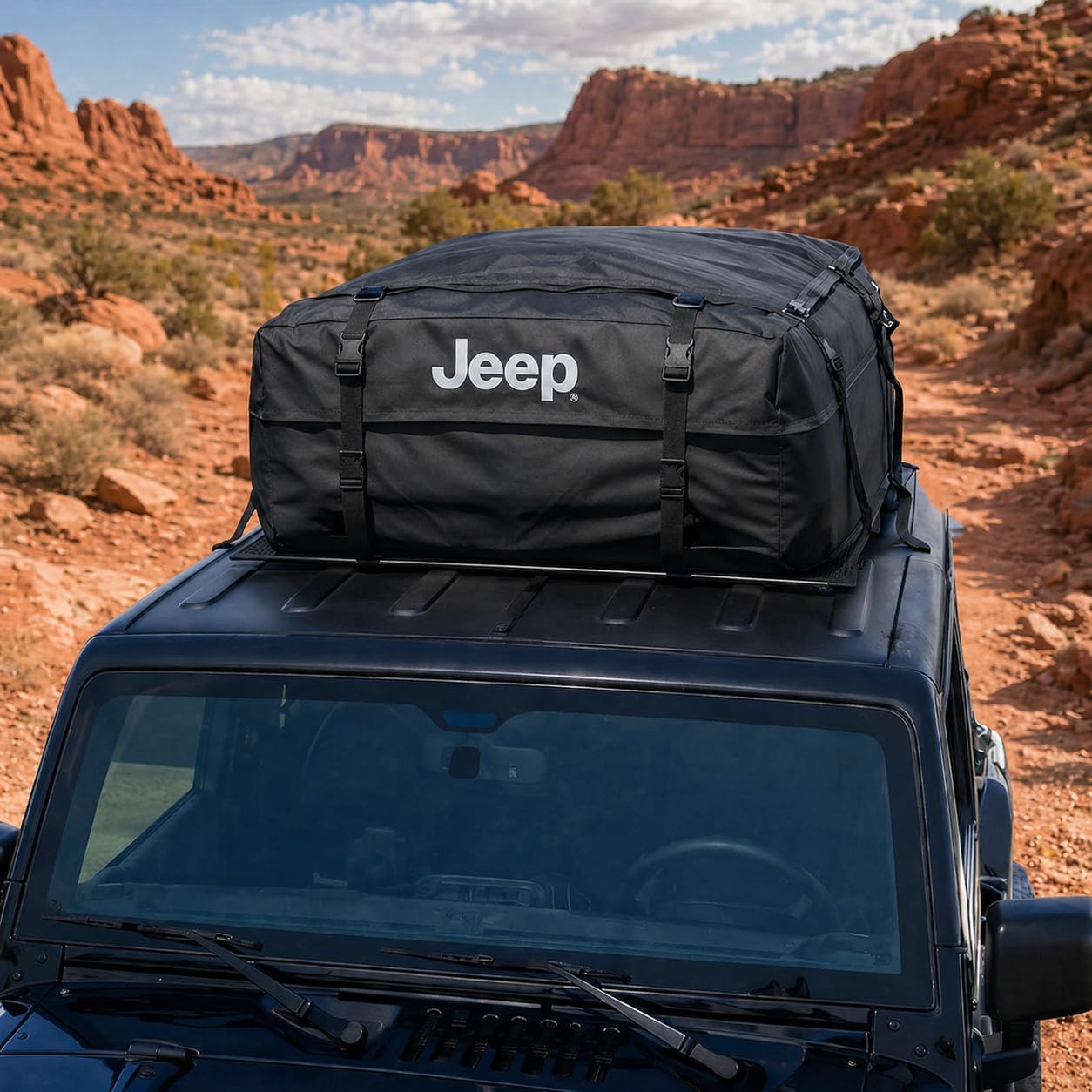 SR1 Performance USA Waterproof Rooftop Cargo Bag – Car Roof Carrier for Cars/SUVs with/Without Rack, Includes Non-Slip Mat, Heavy-Duty Straps, Lock for Secure Travel Storage (20 Cubic Feet, Jeep Logo)