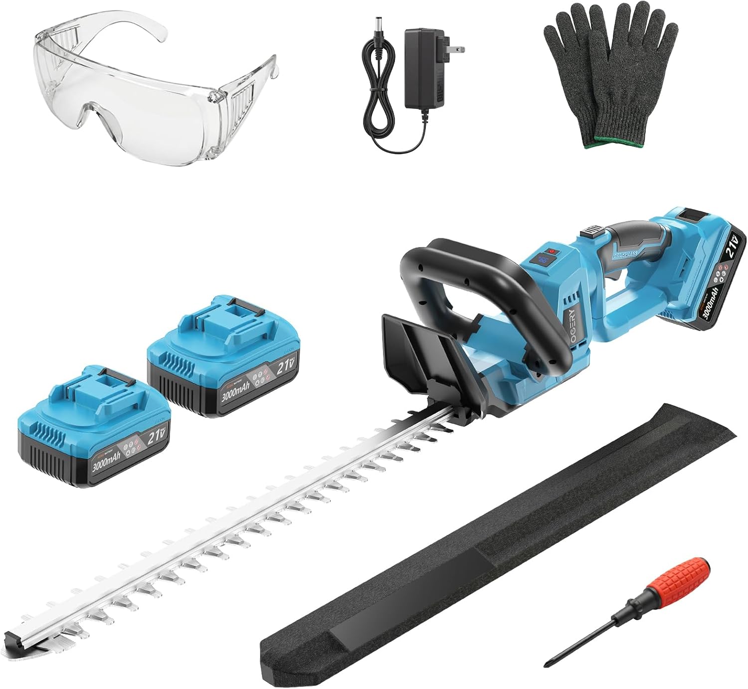 OGERY 20-Inch Brushless Cordless Hedge Trimmer with 2×3.0Ah Battery, 21V Electric Bush & Shrub Trimmer with Display, 2-Speed Control, 180° Rotatable Handle, Dual-Safety Switch for Garden Yard Care