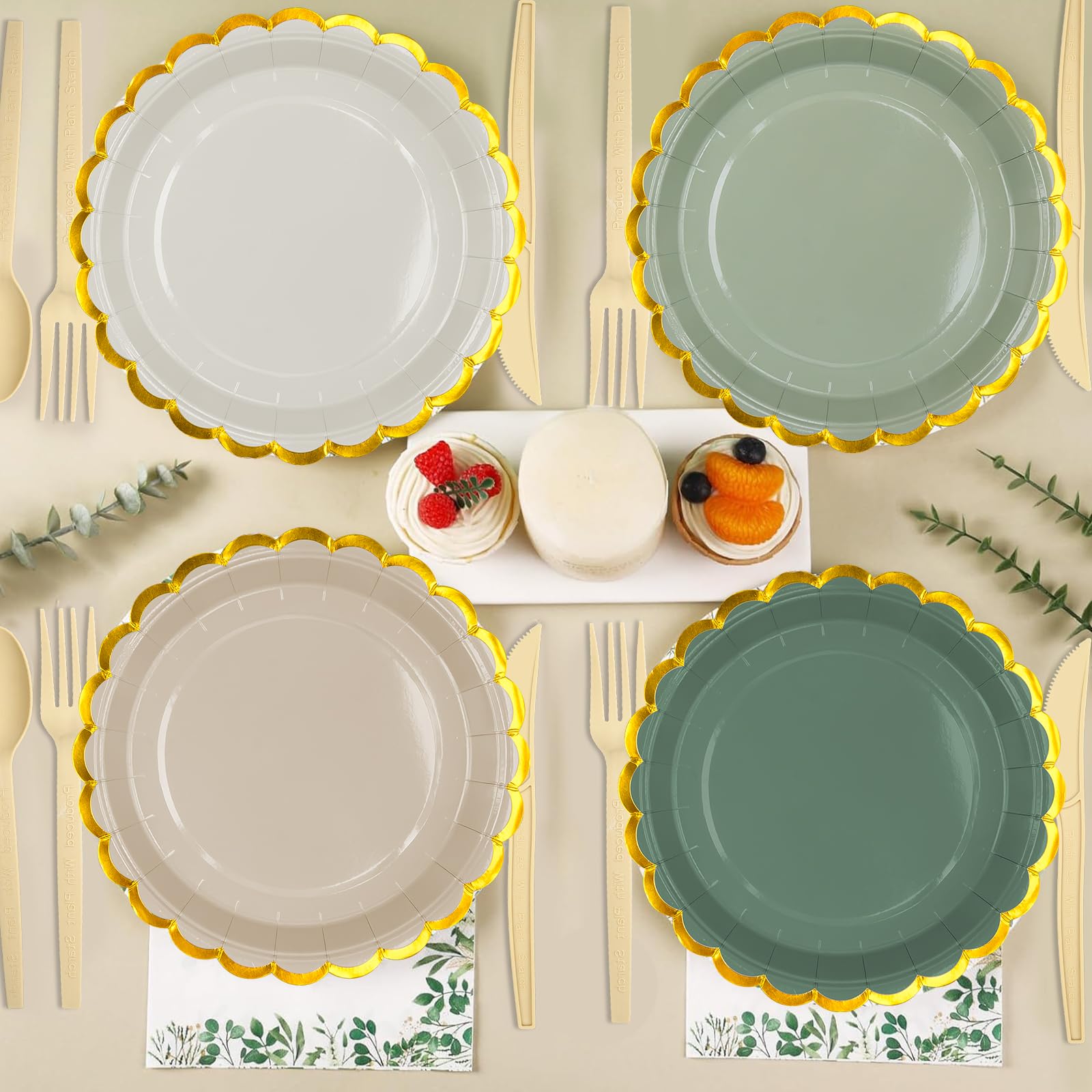 Lot de 200 assiettes jetables en carton vert sauge de qualité supérieure - Assiettes festonnées - Assiettes de service en vrac pour anniversaire, jardin, thé, fête prénatale, mariage - 17,5 cm