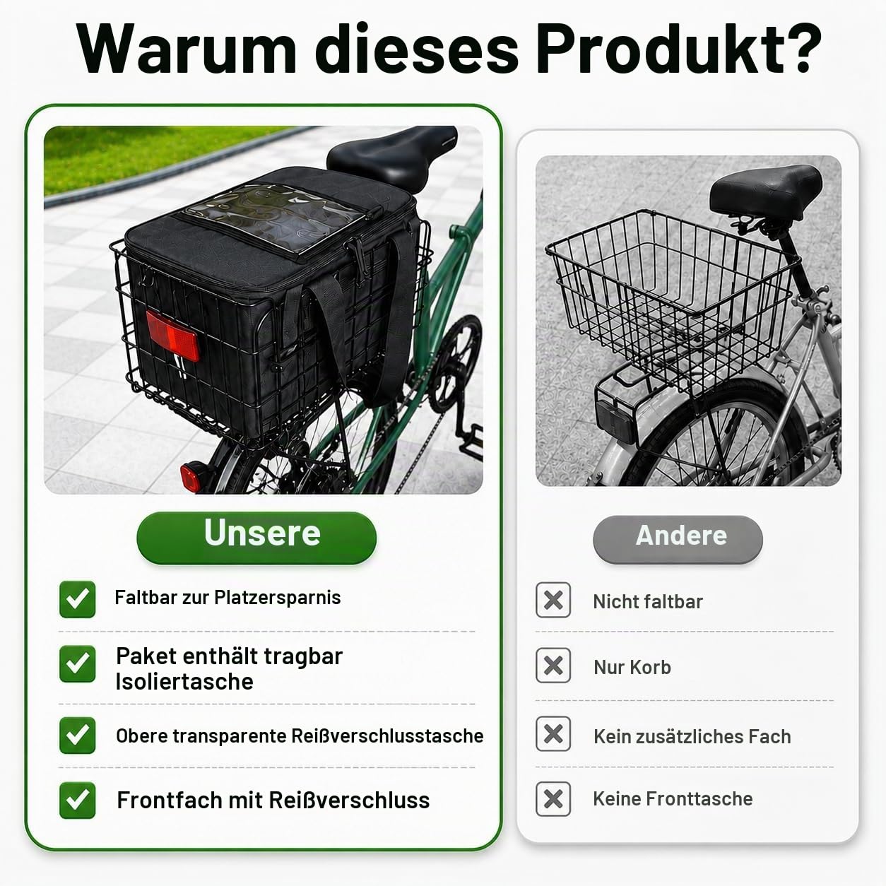 Fahrradkorb Hinten, Fahrradkorb Groß Hinten mit wasserdichte Abdeckung, Tragbarem Innenfutter und Gepäcknetz Korb für Gepäckträger, Tragkraft bis zu 35 kg, für Transport von Waren und Haustieren
