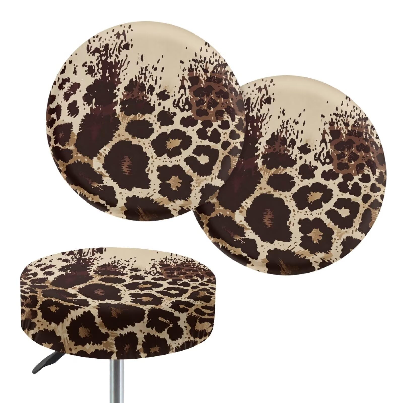 Wanyint Stretch Seat Cover for Round Stool 12-14 Inch Breathable Bar Stool Slipcover Dustproof Vanity Seat Slipcover for Home Bar Decor, 2 Count, Brown Leopard Print Splash