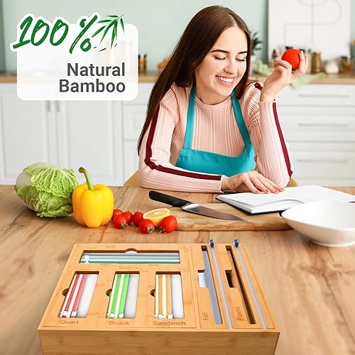 Miniatura 7 de Organizador de bolsas de plástico 7 en 1 con dispensador de papel de aluminio y envoltura Saran con cortador y estante holgado para cajón de cocina,