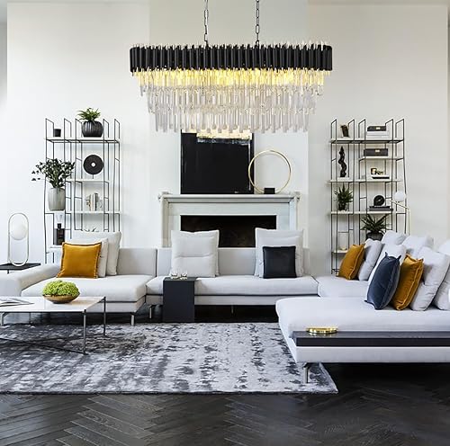 Miniatura 4 de Lámpara de araña de cristal contemporánea para comedor de 10 luces, L40 negra de lujo con gota de lluvia de cristal colgante para sala de estar y