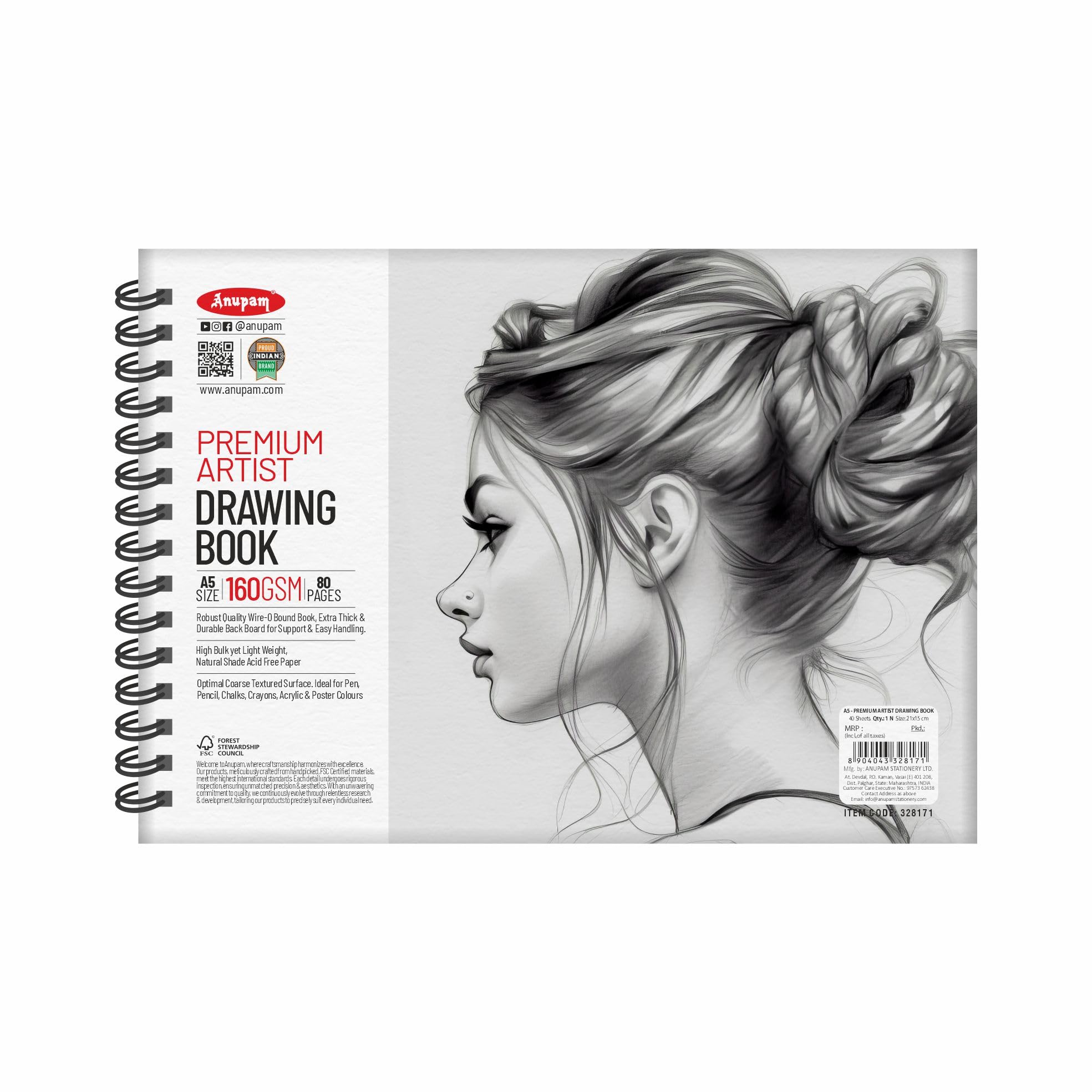 Anupam Artist Premium Drawing Book A5 | Acid-free Cartridge Paper 160GSM (40 Sheets, 80 Pages) | Spiral-Bound Sketchpad for Artists & Professionals for Marker Colored Pencil Charcoal Pastel