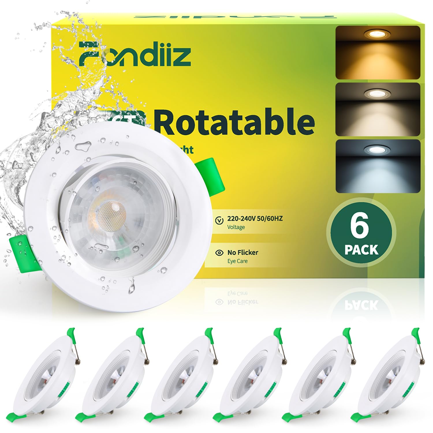 Fondiiz Spot LED Encastrable Orientable, 5W 480LM Spots de Plafond Encastré Blanc Chaud 2700K Blanc Neutre 4000K Blanc Froid 6000K Réglable, IP44 Spot pour Salle de Bain Salon, Trou Ø70-80mm, Lot de 6