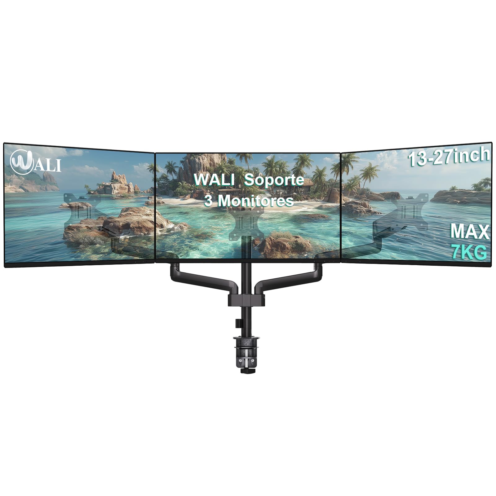WALI Soporte para Tres Monitor para Pantalla para Pantallas de hasta 27 Pulgadas, Soporte de Monitor de Resorte de Gas con Inclinación, Giro y Rotación, VESA 75 x 75/100 x 100 mm(GSDM003), Negro