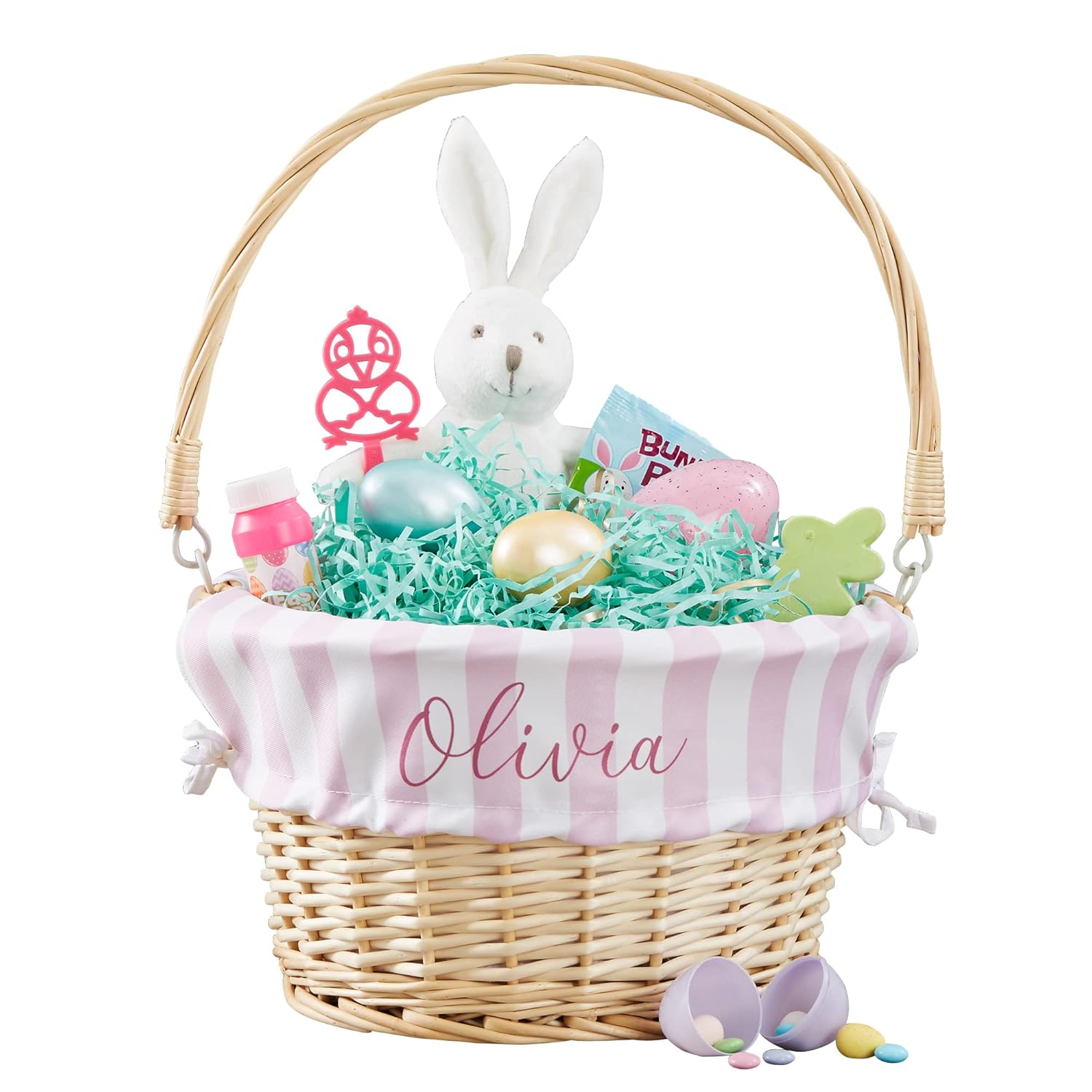 Personalization Universe Personalized Delicate Stripes Easter Basket – Printed Bold Striped Basket Liner – Custom Kids Easter Gift – Hand-Woven White Wicker Basket with Folding Handle