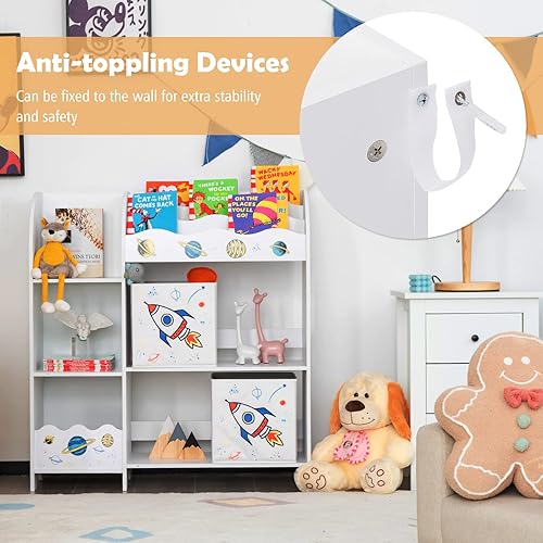 Miniatura 21 de Costzon Organizador de juguetes y libros para niños, armario de almacenamiento de madera con 5 estantes, 2 cajas y 3 ranuras, perfecto para sala de