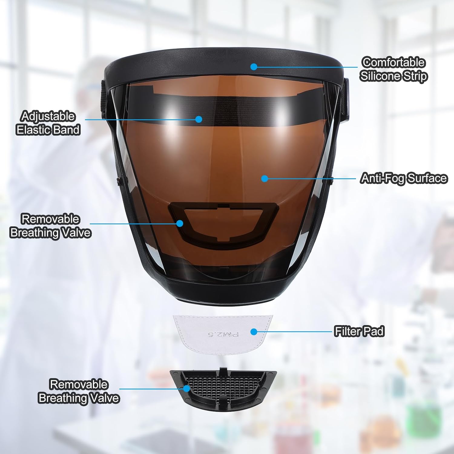 MECCANIXITY Black Full Safety Face Shields, Anti Fogging Full Safety Face Protection Transparent Face Shield for Welding with Adjustable Band & 3Pcs Dark Brown Lens & 30Pcs Filter Gaskets