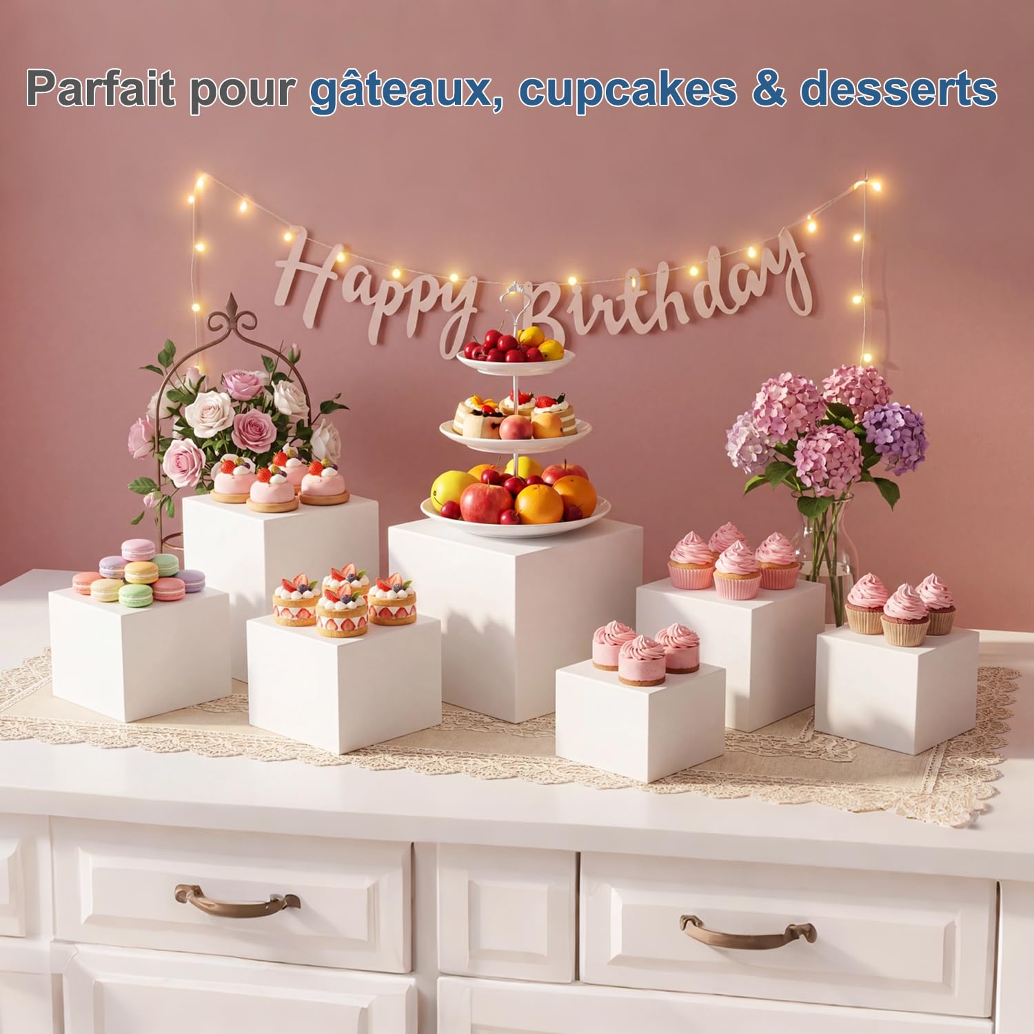 FUSHITON 6 Pièces Socles à Desserts en Plastique Blanc, Socles de Présentation pour Buffet - Cubes de Présentation 5 Faces Empilables pour Pâtisserie, Décoration, Boutique (6 Tailles Différentes)