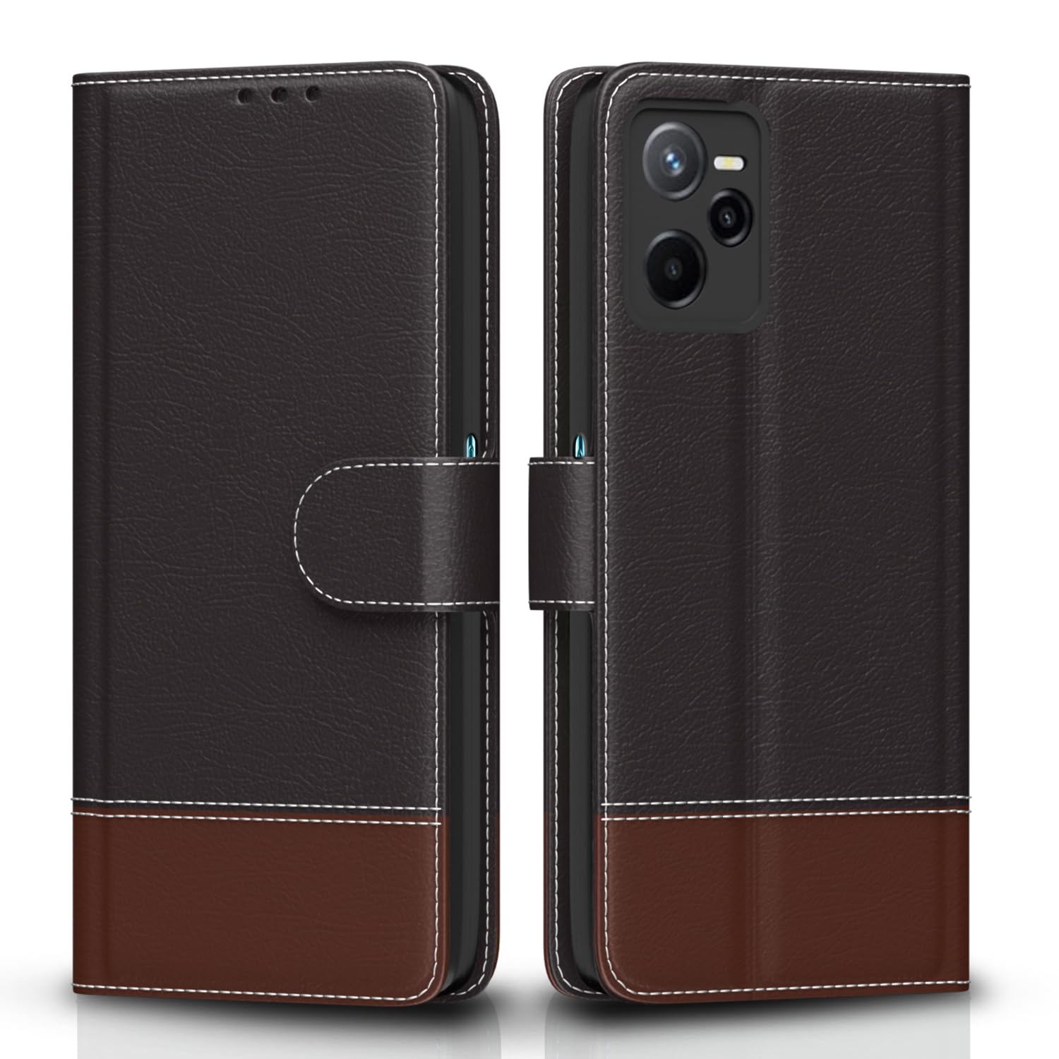 Amazon Basics Flip Cover for Realme Narzo 50A Prime | Wallet Style & Stand | Dual-Tone PU Leather Finish | Magnetic Flip Case (Coffee & Brown)