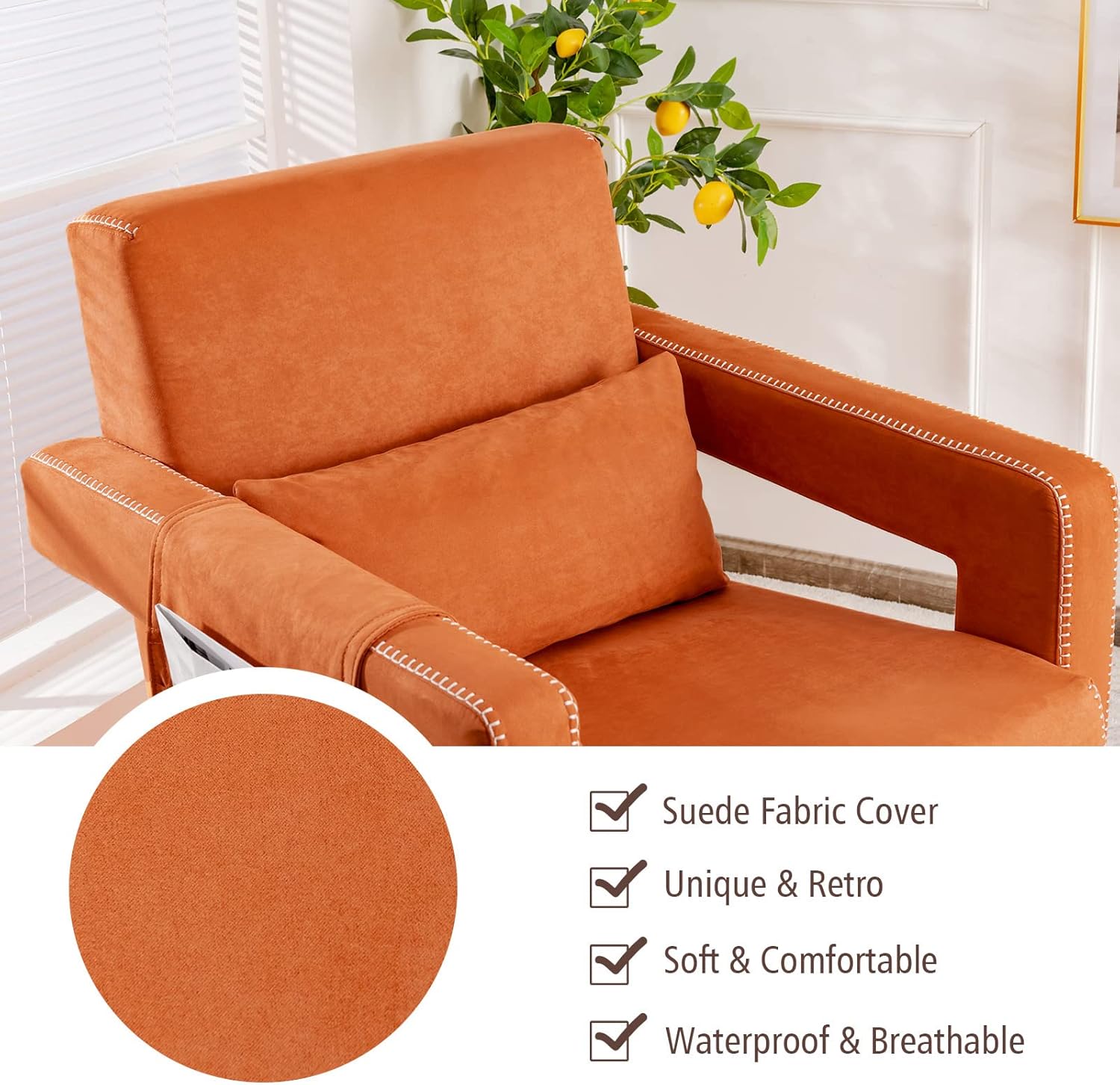 Giantex Modern Accent Chair with Ottoman, Soft Berber Fleece Single Sofa w/Side Storage Bag, Adjustable Foot Pads, Leisure Arm Chair for Home, Orange