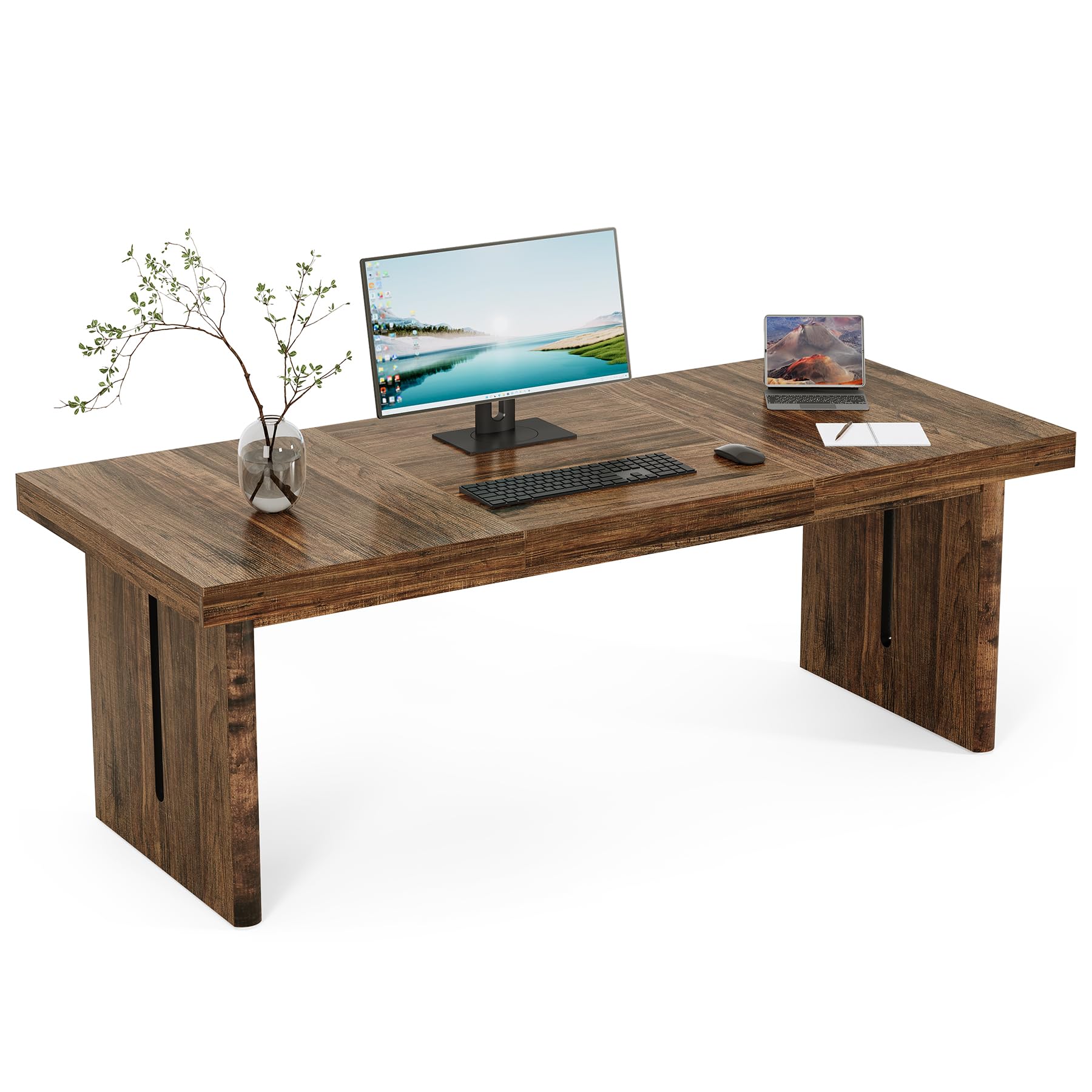 LITTLE TREE 70.8-Inch Large Office Desk, Long Farmhouse Executive Computer Table, Wooden Writing Workstation for Home Office, Rustic Brown