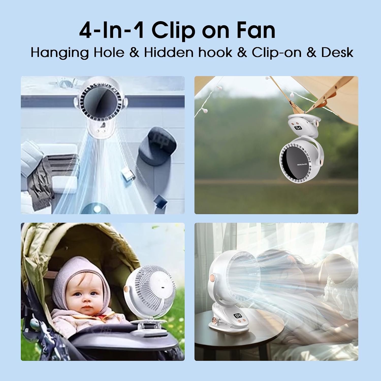 Portable Clip on Fan Battery Operated, 6 Speeds Quiet Rechargeable Desk Fan, Adjustable Tilt& Strong Airflow, Small USB Fan for Home Office Stroller Camping (White)