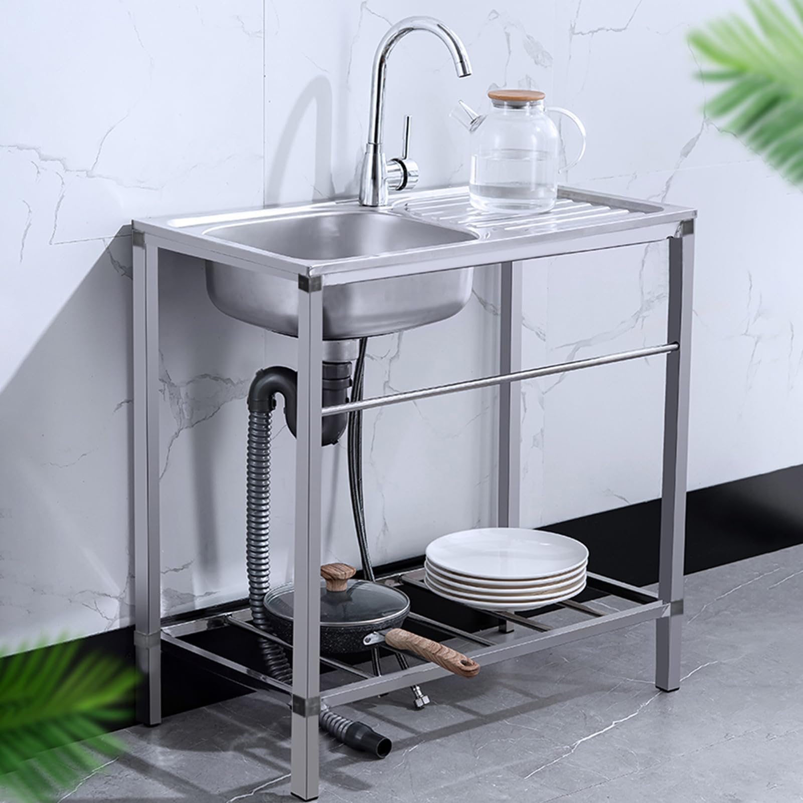 Lavello autoportante con Piano di Lavoro, Rubinetto da Cucina in Acciaio Inox per Acqua Calda e Fredda, Kit di Scarico Portatile per Garage e Giardino.