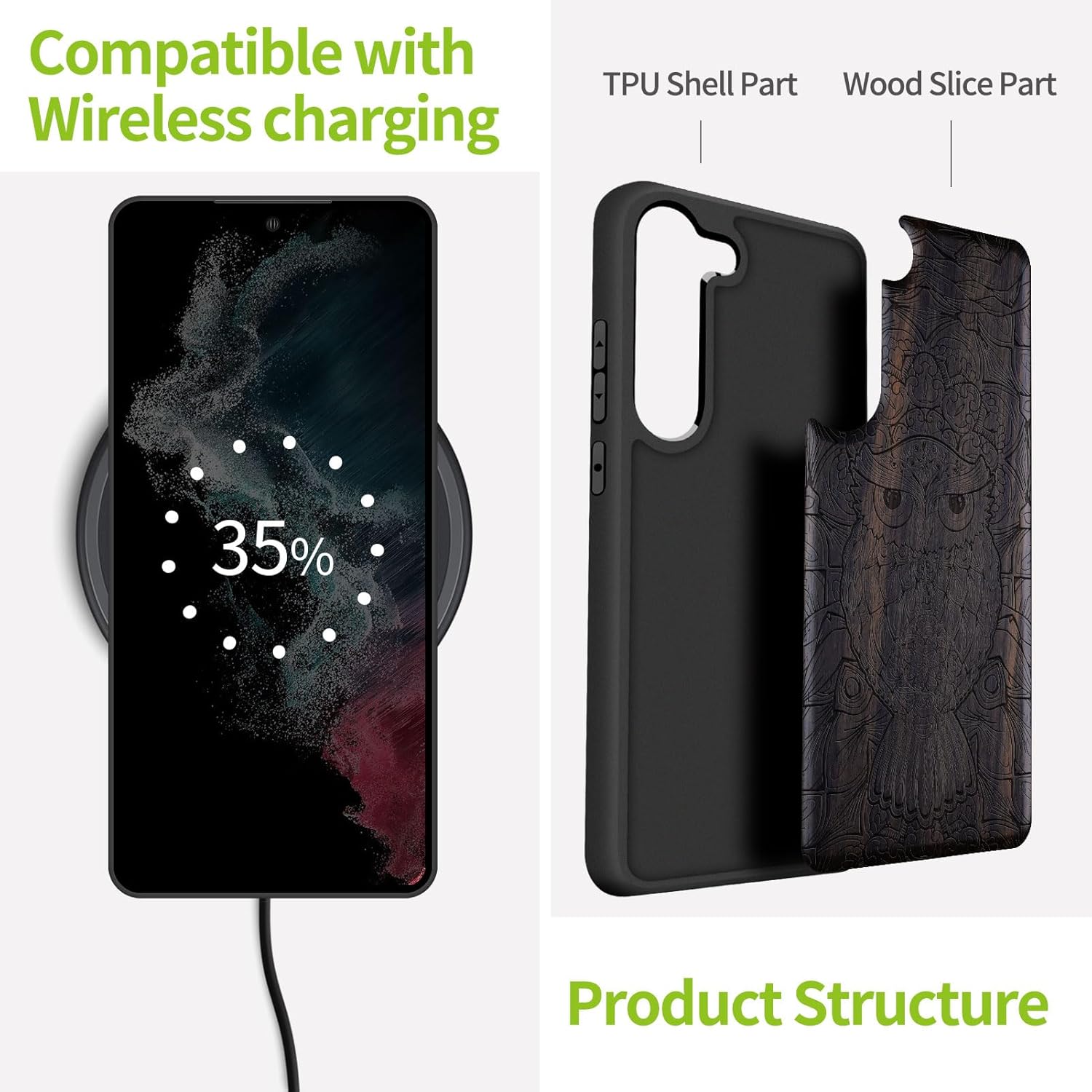 Carveit Wood Case for Galaxy S23 Case [Natural Wood & Black Soft TPU] Shockproof Protective Cover Unique Wooden Design Compatible with Samsung S23 (The Owl Tapestry-Blackwood)
